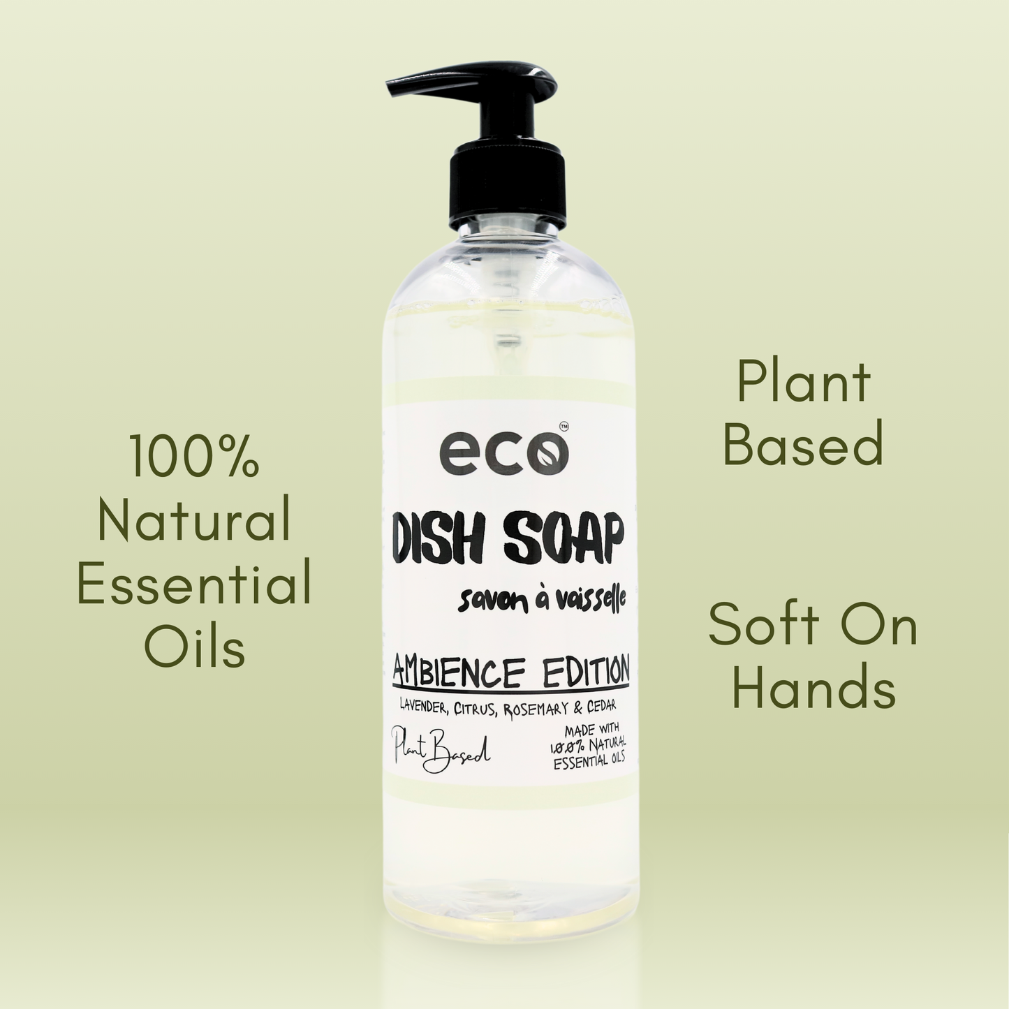 Eco friendly dish soap that is scented with 100% natural essential oils, is plant-based, and is soft on the hands.