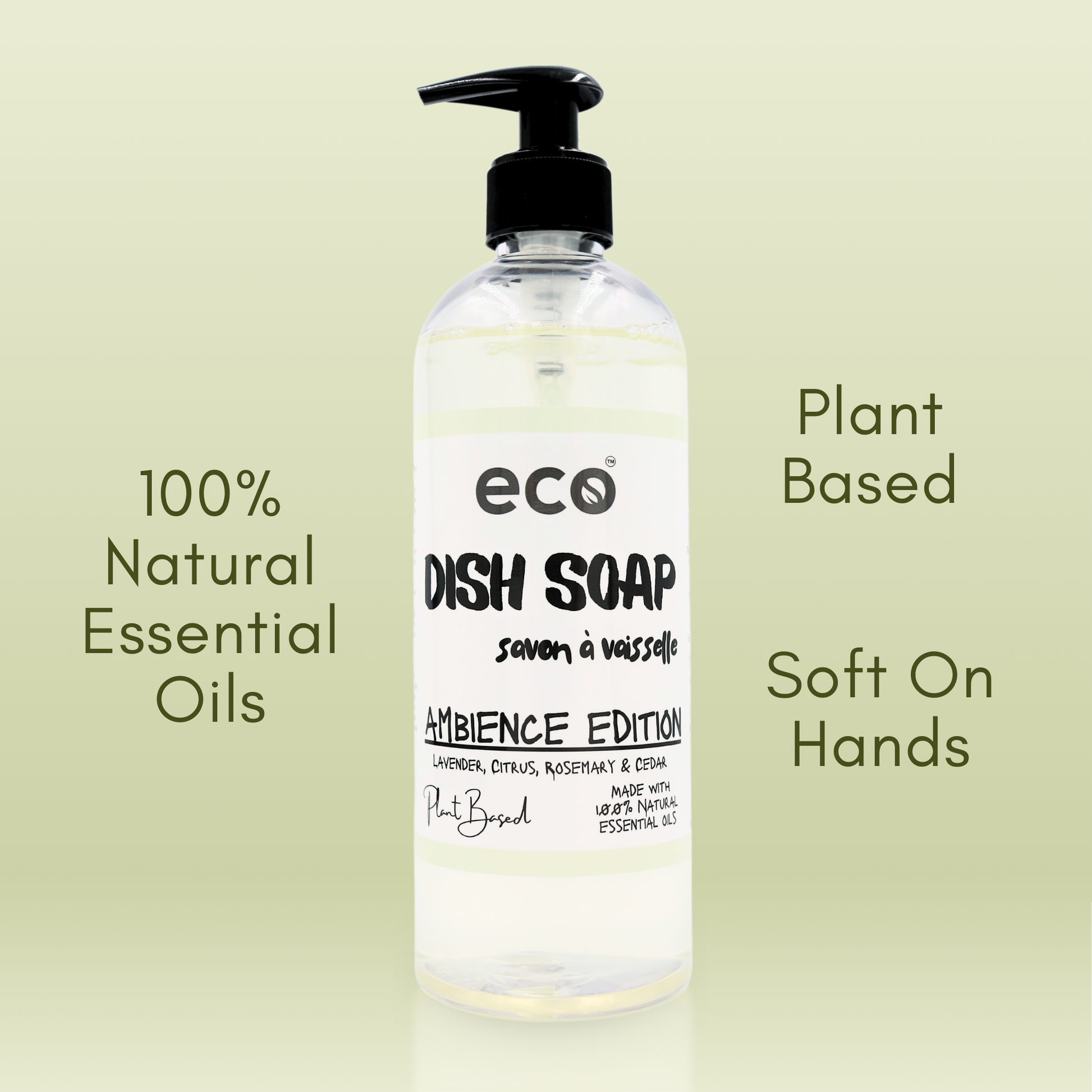 Eco friendly dish soap that is scented with 100% natural essential oils, is plant-based, and is soft on the hands.