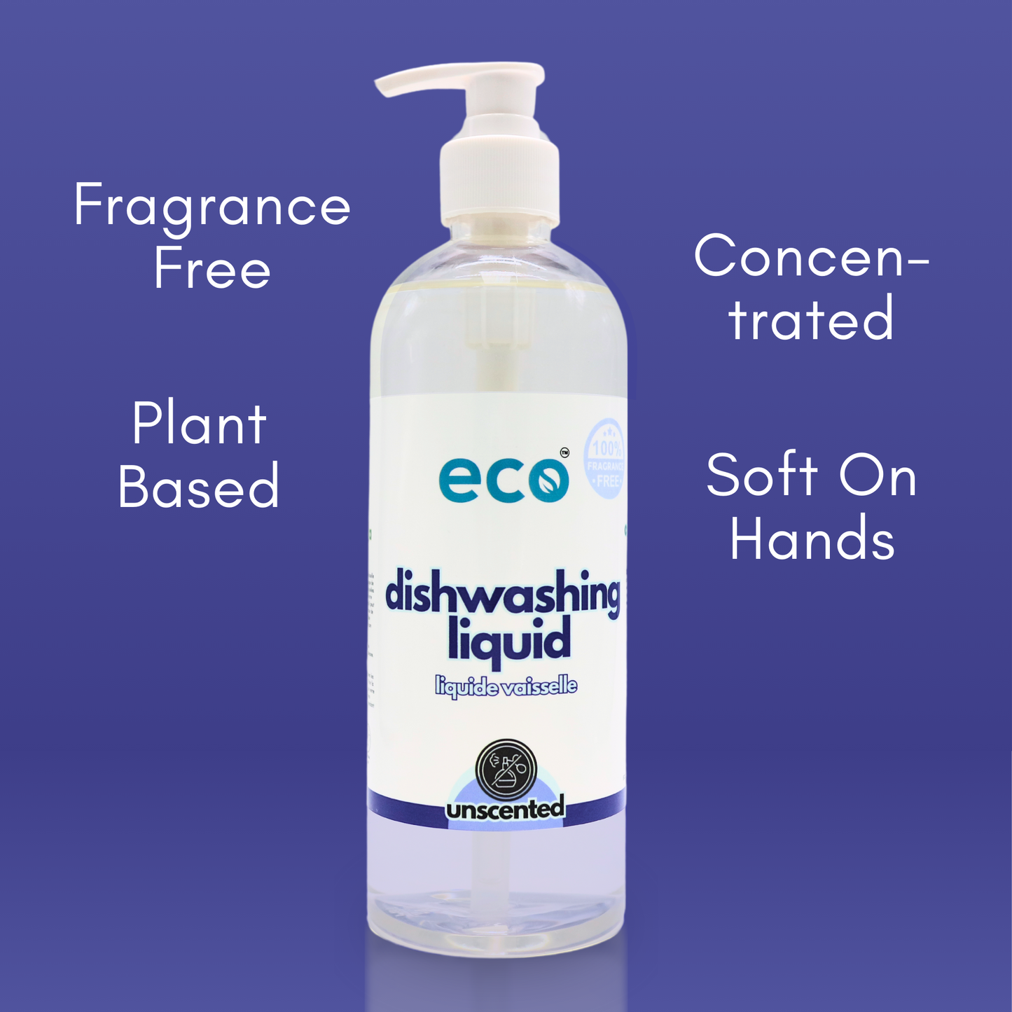 This eco friendly dishwashing liquid is plant-based, is fragrance free, has a concentrated formula, and is soft on hands.