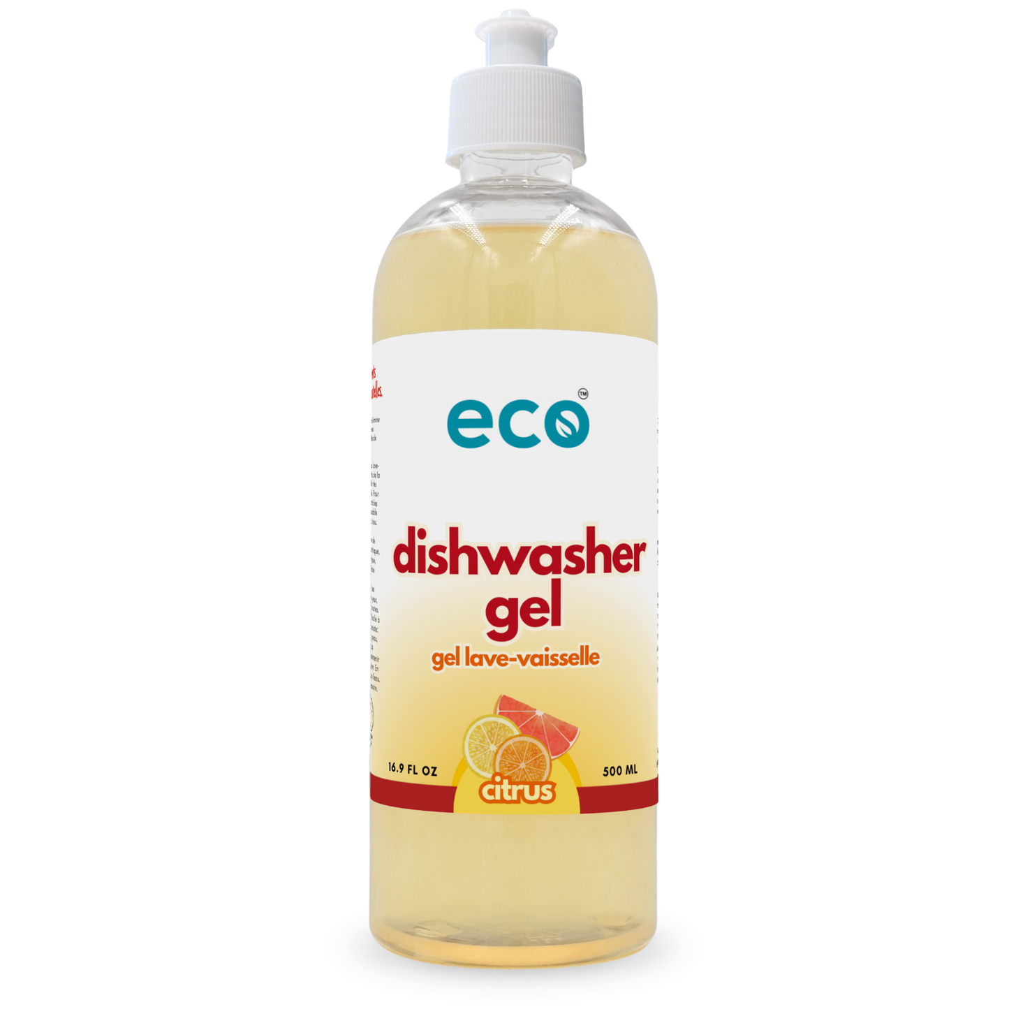 Eco dishwasher gel citrus-scented in a 500ml ready-to-use bottle for wholesale, ideal for eco-friendly retailers.