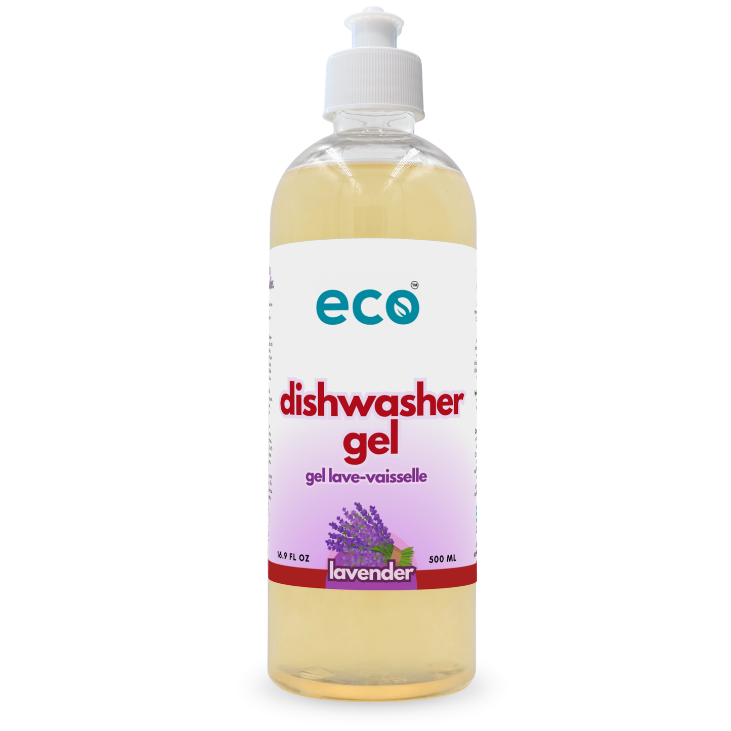 Eco dishwasher gel lavender-scented in a 500ml ready-to-use bottle for wholesale, ideal for eco-friendly retailers.