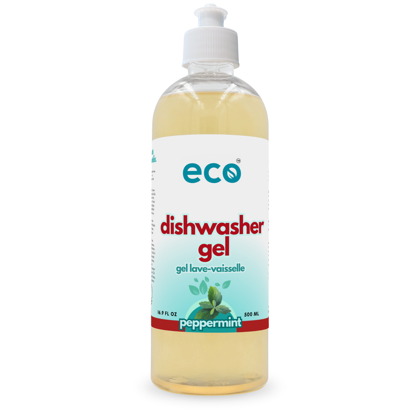 Eco dishwasher gel peppermint-scented in a 500ml ready-to-use bottle for wholesale, ideal for eco-friendly retailers.
