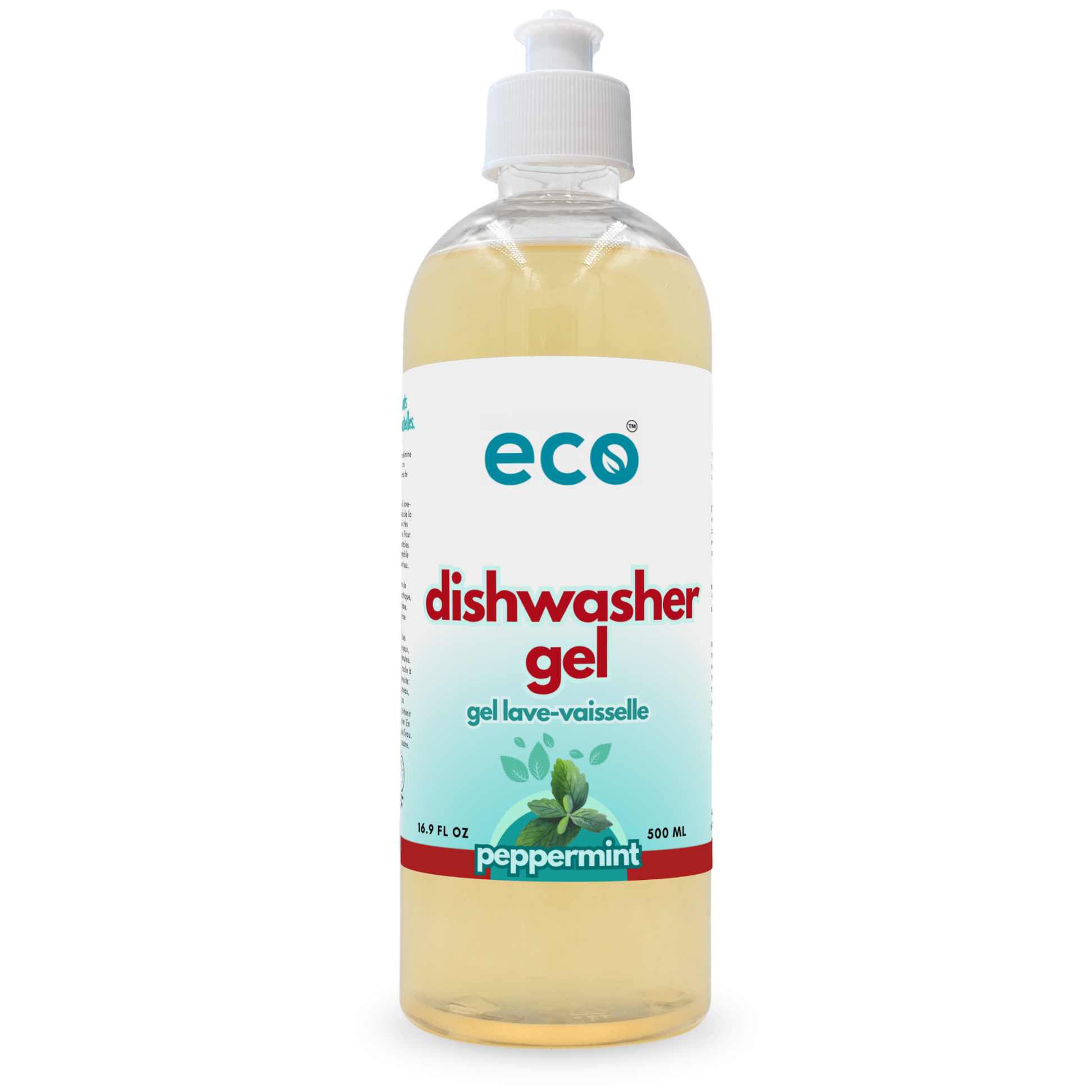 Eco dishwasher gel peppermint-scented in a 500ml ready-to-use bottle for wholesale, ideal for eco-friendly retailers.