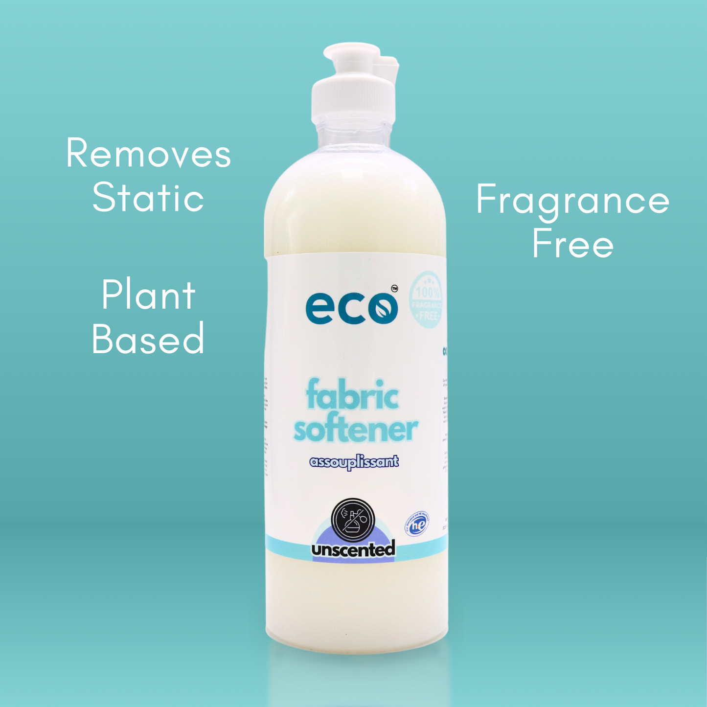 This eco friendly fabric softener unscented is fragrance-free, removes static, and is plant-based.