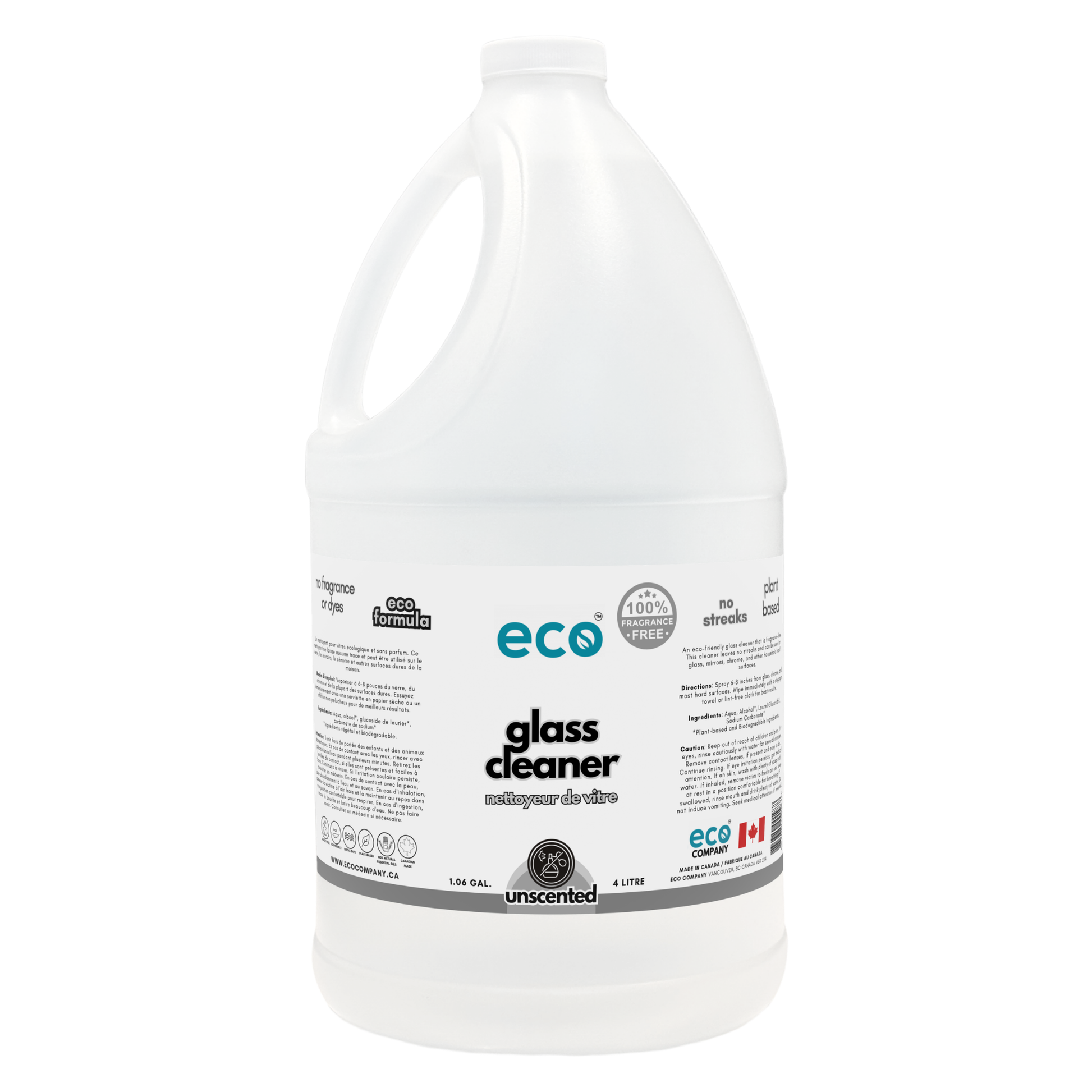 Eco Company's 4L / 1 Gallon jug of unscented glass cleaner - bulk size for refilling smaller spray bottles.