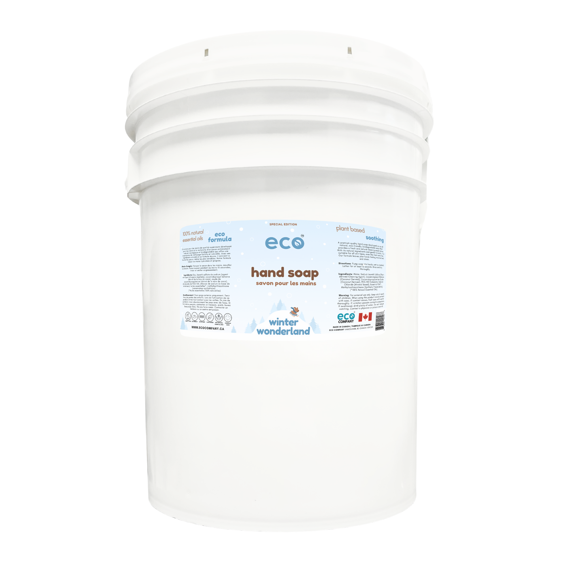 Eco hand soap in a 20 liter pail for wholesale, ideal for soap refilleries, zero waste stores, and refill stores. This is our winter wonderland edition scent.
