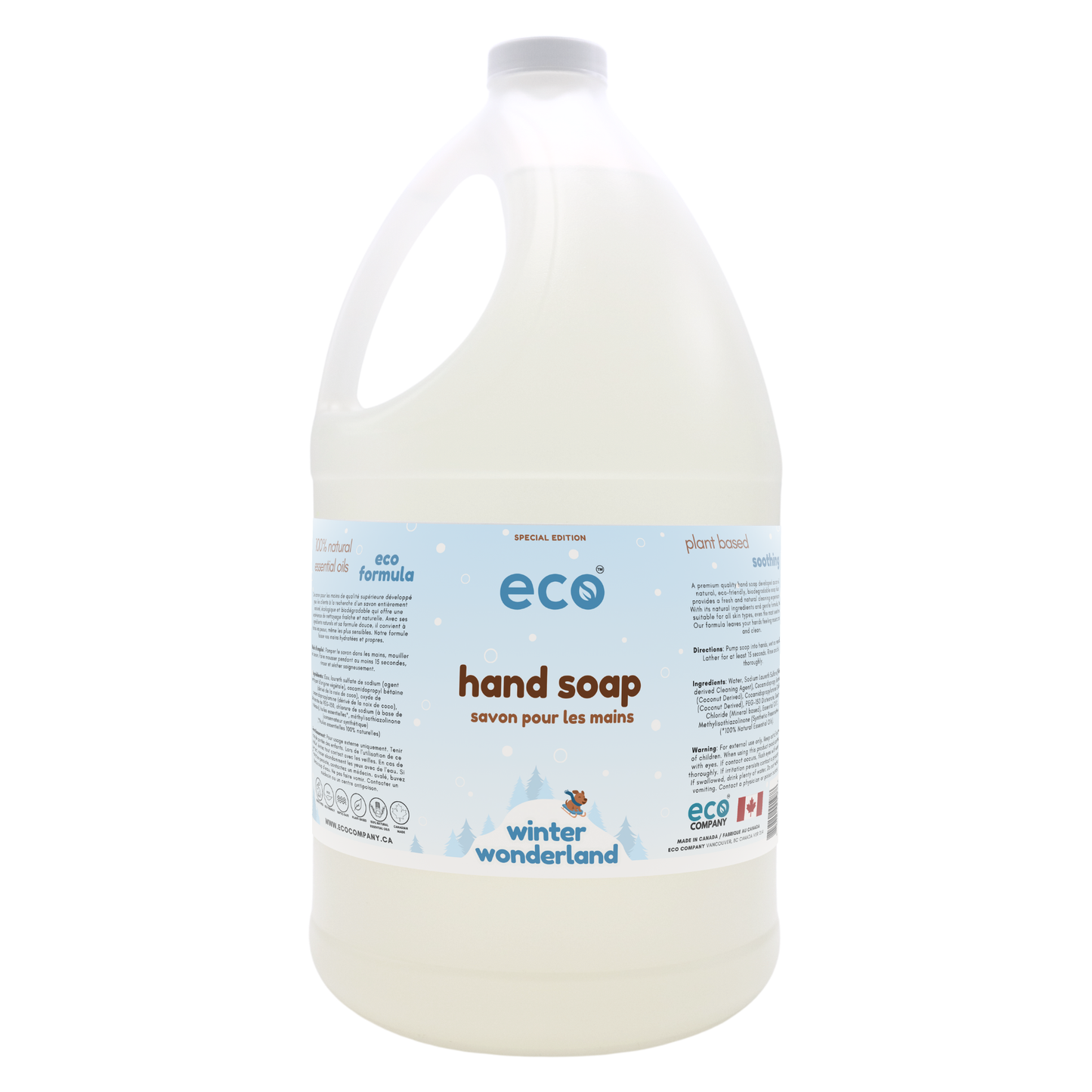 Eco-friendly hand soap in a 4 liter jug for wholesale, perfect for customers to bulk up on hand soap and refill their own bottles. This is our winter wonderland edition scent.