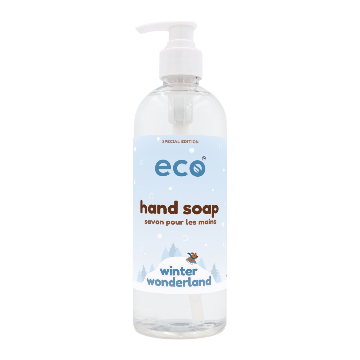 Eco hand soap in a 500ml ready-to-use bottle for wholesale, ideal for eco-friendly retailers. This is our winter wonderland edition scent.
