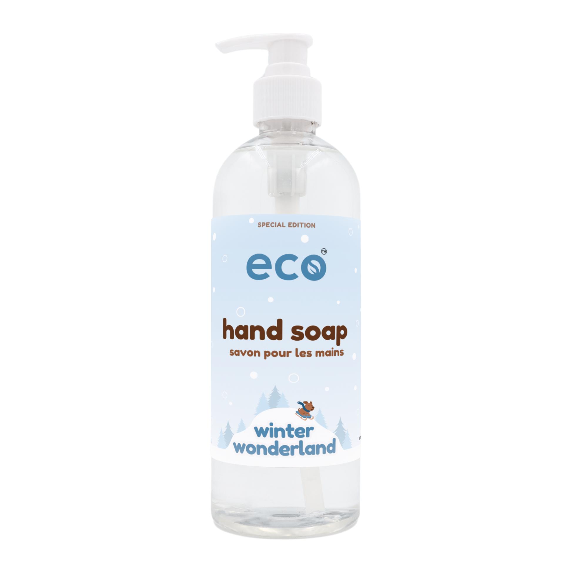 Eco hand soap in a 500ml ready-to-use bottle for wholesale, ideal for eco-friendly retailers. This is our winter wonderland edition scent.