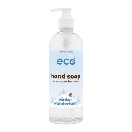 Eco hand soap in a 500ml ready-to-use bottle for wholesale, ideal for eco-friendly retailers. This is our winter wonderland edition scent.