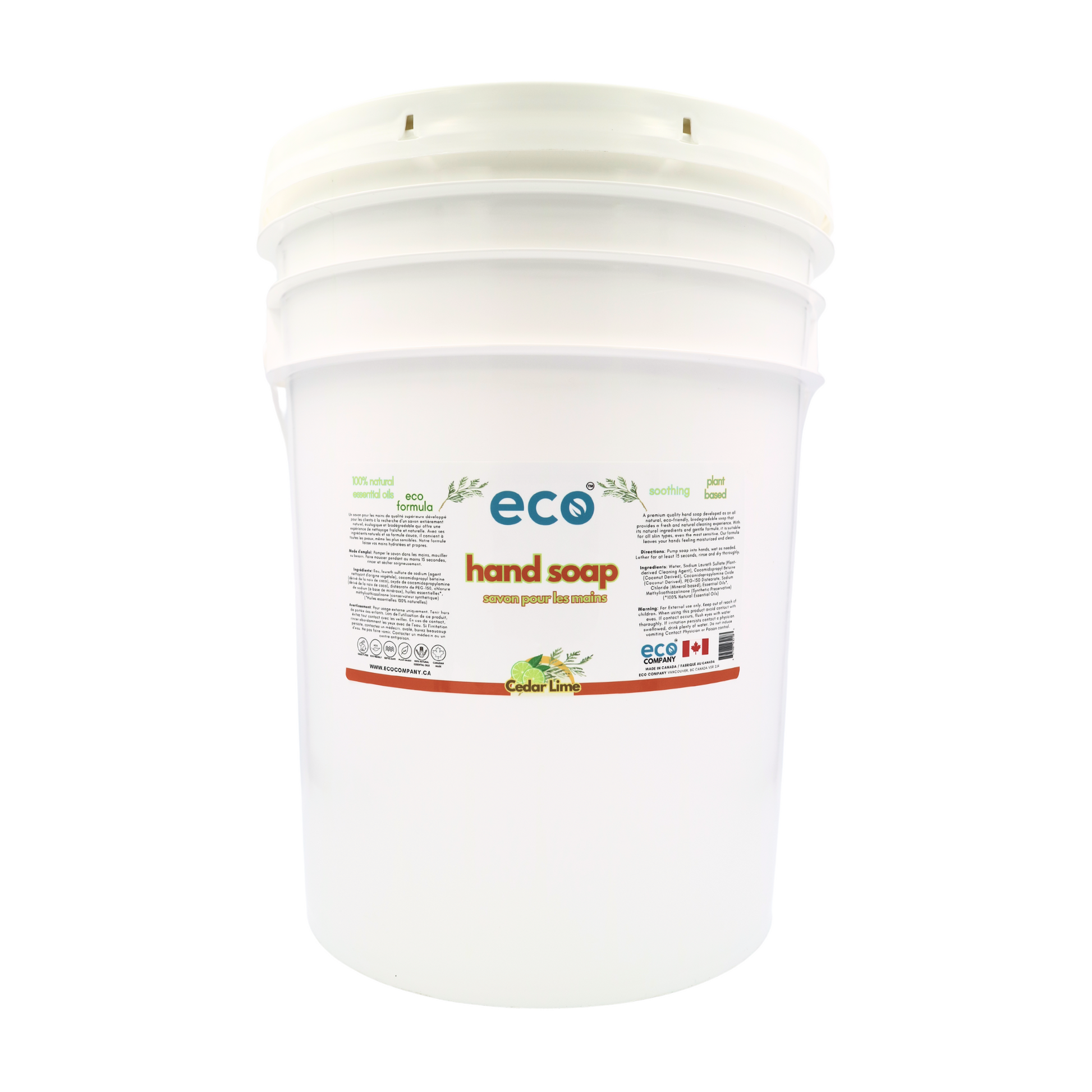 Eco hand soap cedar lime in a 20 liter pail for wholesale, ideal for soap refilleries, zero waste stores, and refill stores.