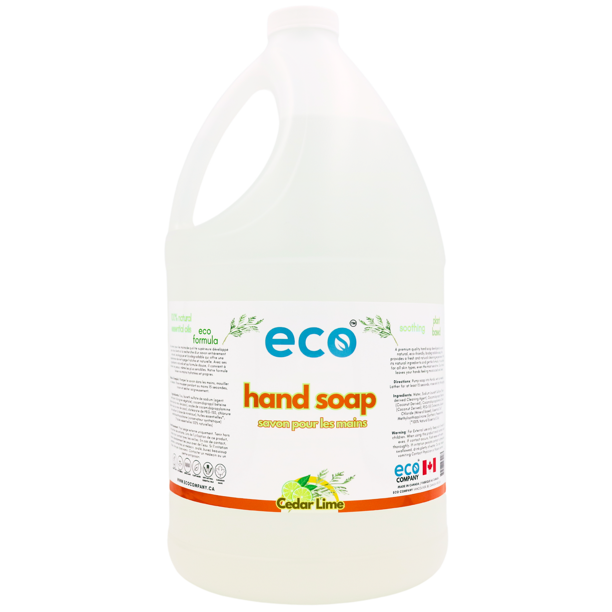 Eco-friendly hand soap cedar lime in a 4 liter jug for wholesale, perfect for customers to bulk up on hand soap and refill their own bottles. 