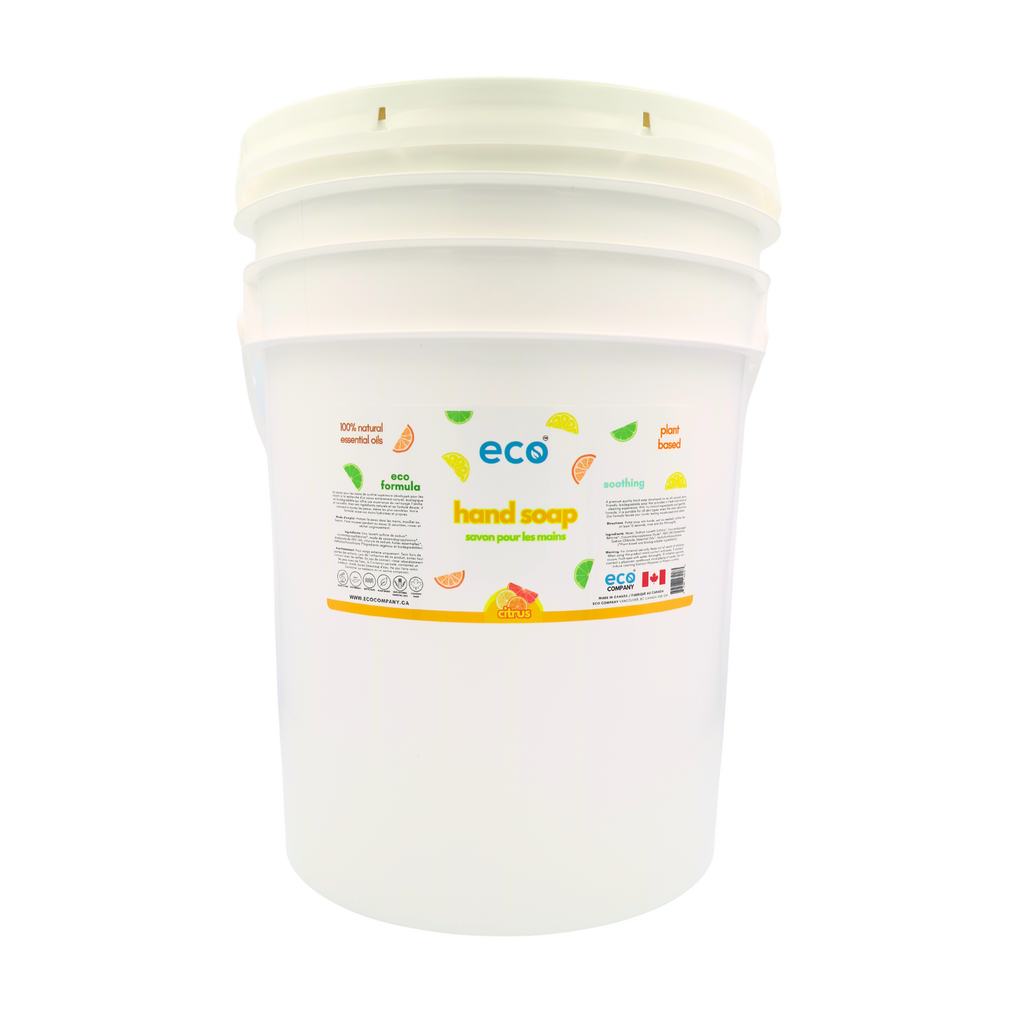 Eco citrus hand soap in a 20 liter pail for wholesale, ideal for soap refilleries, zero waste stores, and refill stores.