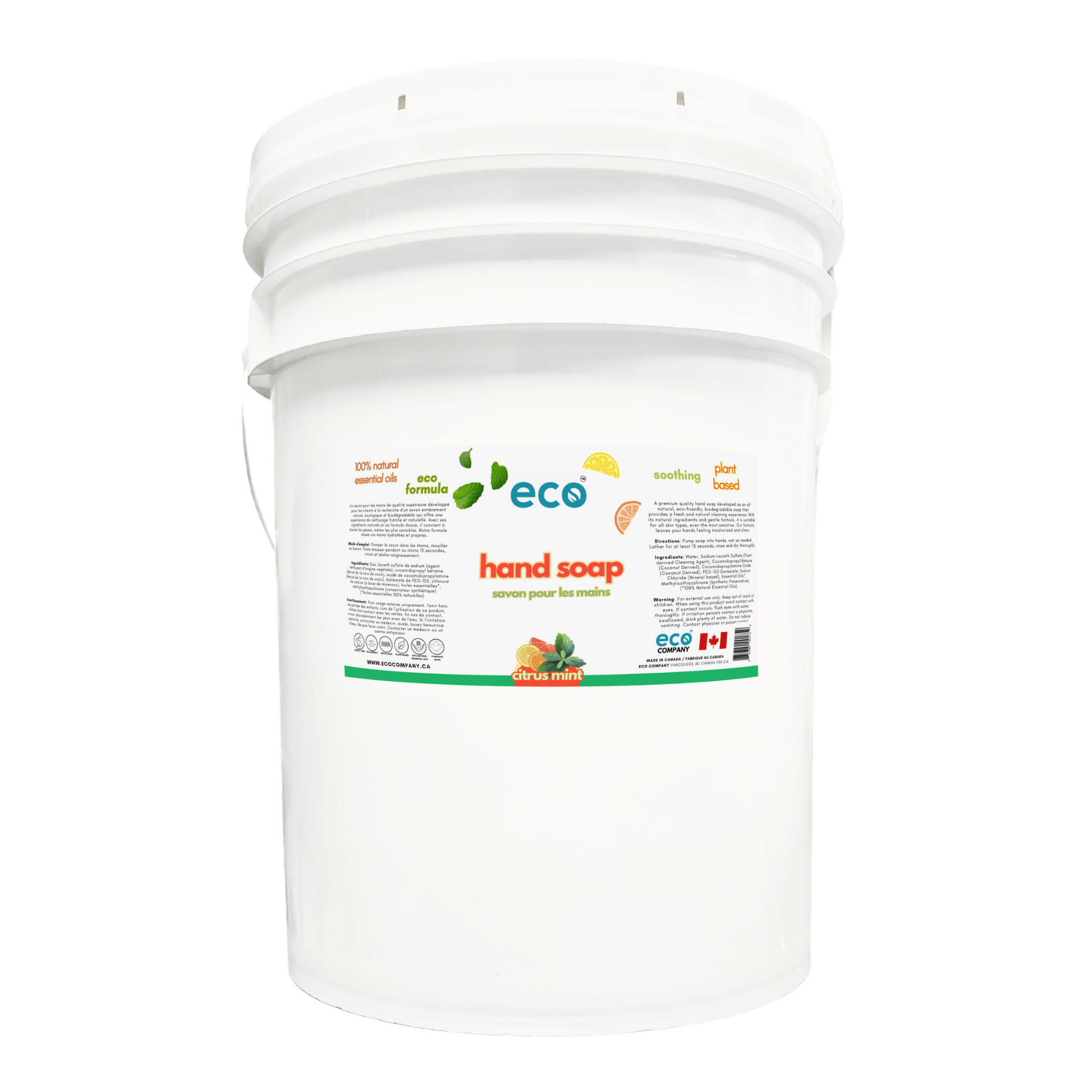 Eco hand soap citrus mint in a 20 liter pail for wholesale, ideal for soap refilleries, zero waste stores, and stores that offer bulk soaps. 