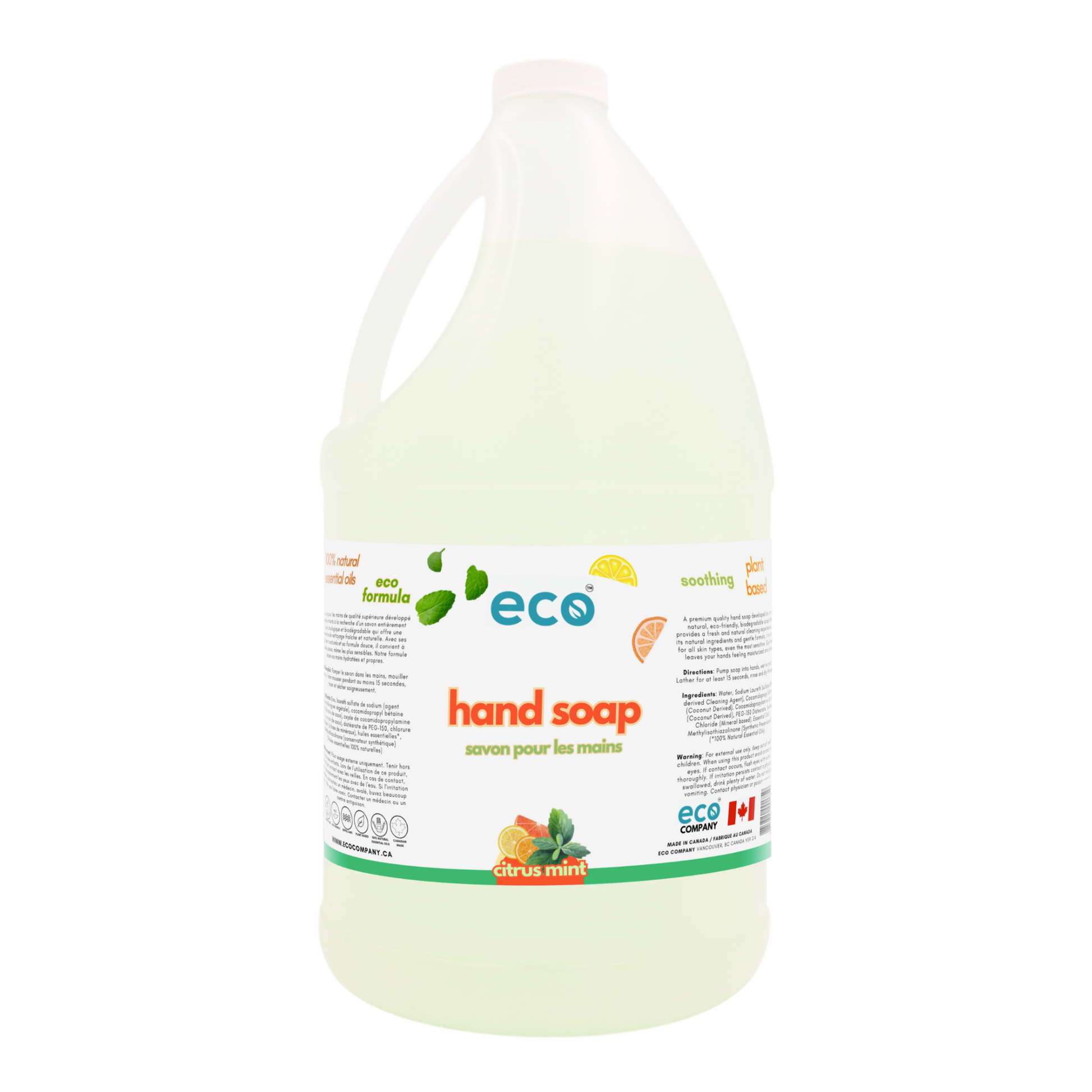 Eco-friendly citrus mint hand soap in a 4-liter jug for wholesale, ideal for customers to bulk up on hand soap and refill their own bottles