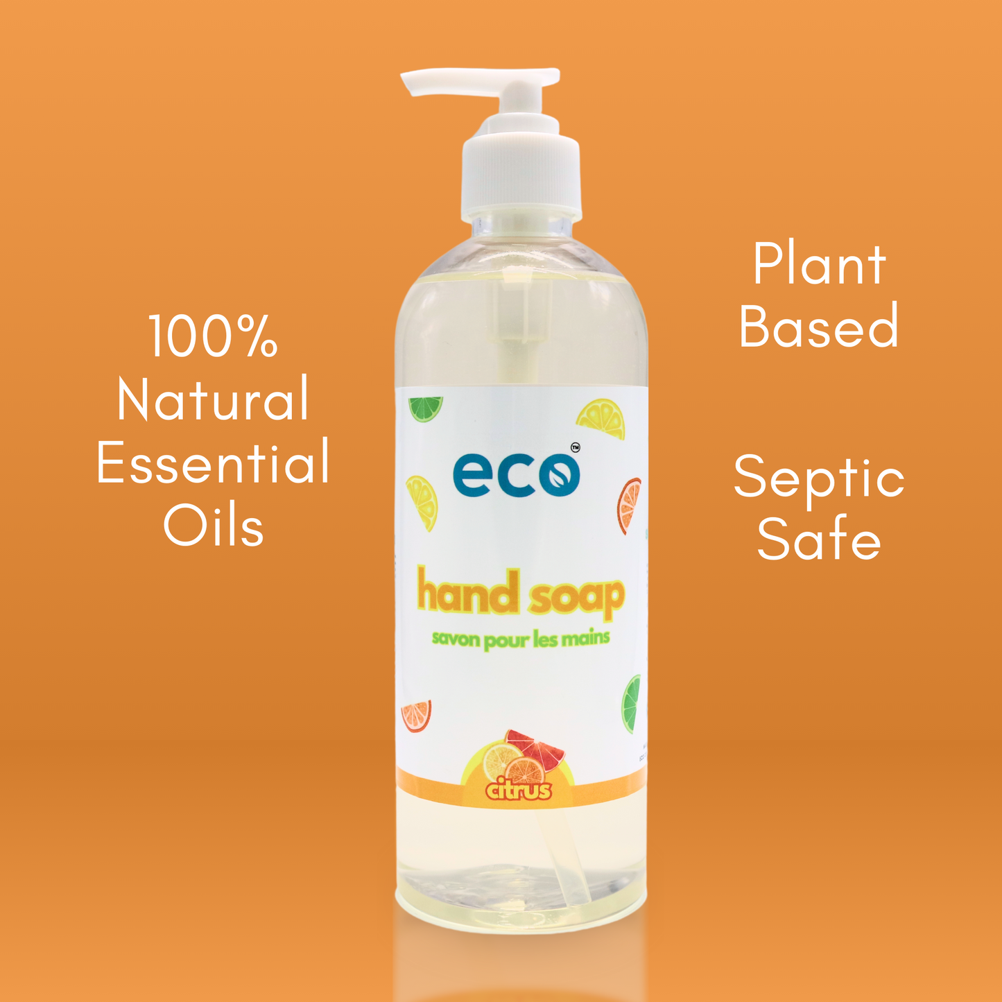 This eco friendly hand soap in citrus is scented with 100% natural essential oils, is septic safe, and has a plant-based formula.