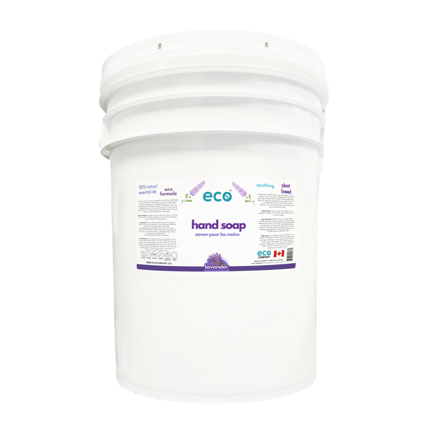 Eco lavender hand soap in a 20 liter pail for wholesale, ideal for soap refilleries, zero waste stores, and refill stores.