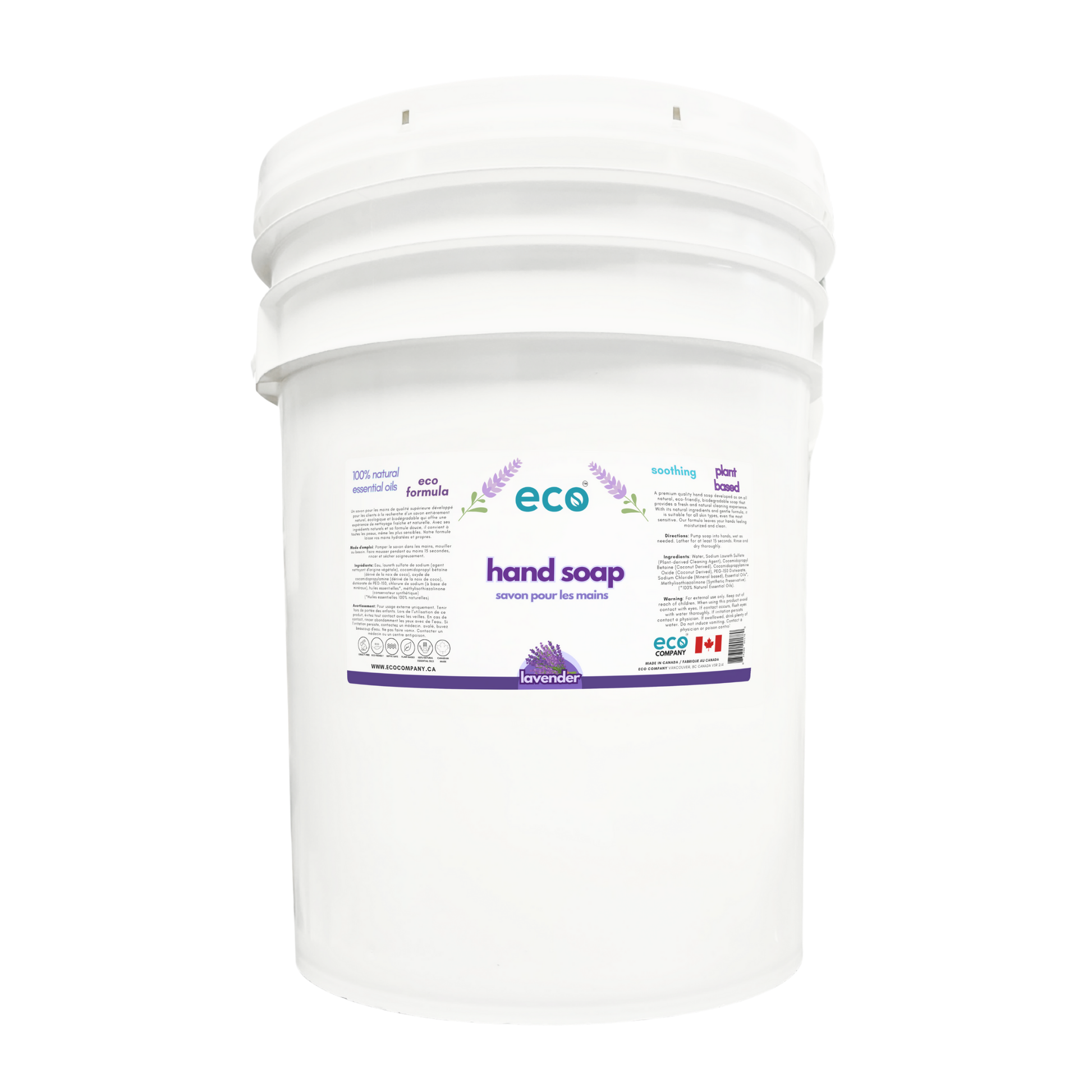 Eco lavender hand soap in a 20 liter pail for wholesale, ideal for soap refilleries, zero waste stores, and refill stores.