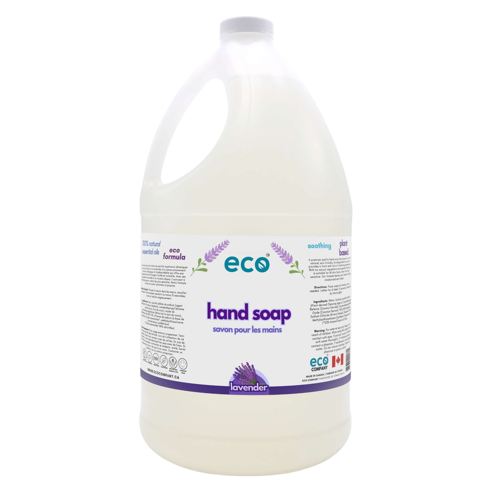 Eco-friendly hand soap lavender in a 4 liter jug for wholesale, perfect for customers wanting bulk up hand soap to refill their own containers. 