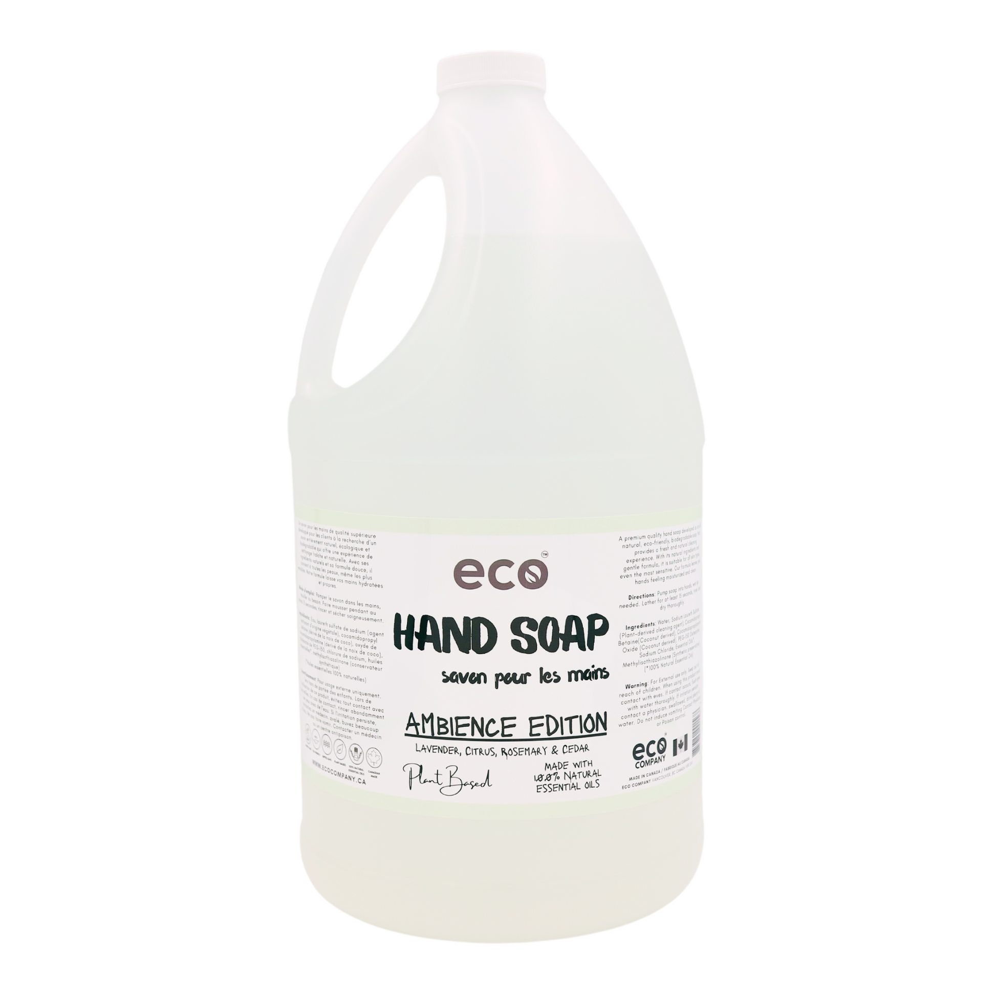 Eco-friendly hand soap in a 4 liter jug for wholesale, perfect for customers to bulk up on hand soap and refill their own bottles. This ambience edition is a blend of lavender, citrus, rosemary mint and cedar natural essential oils.