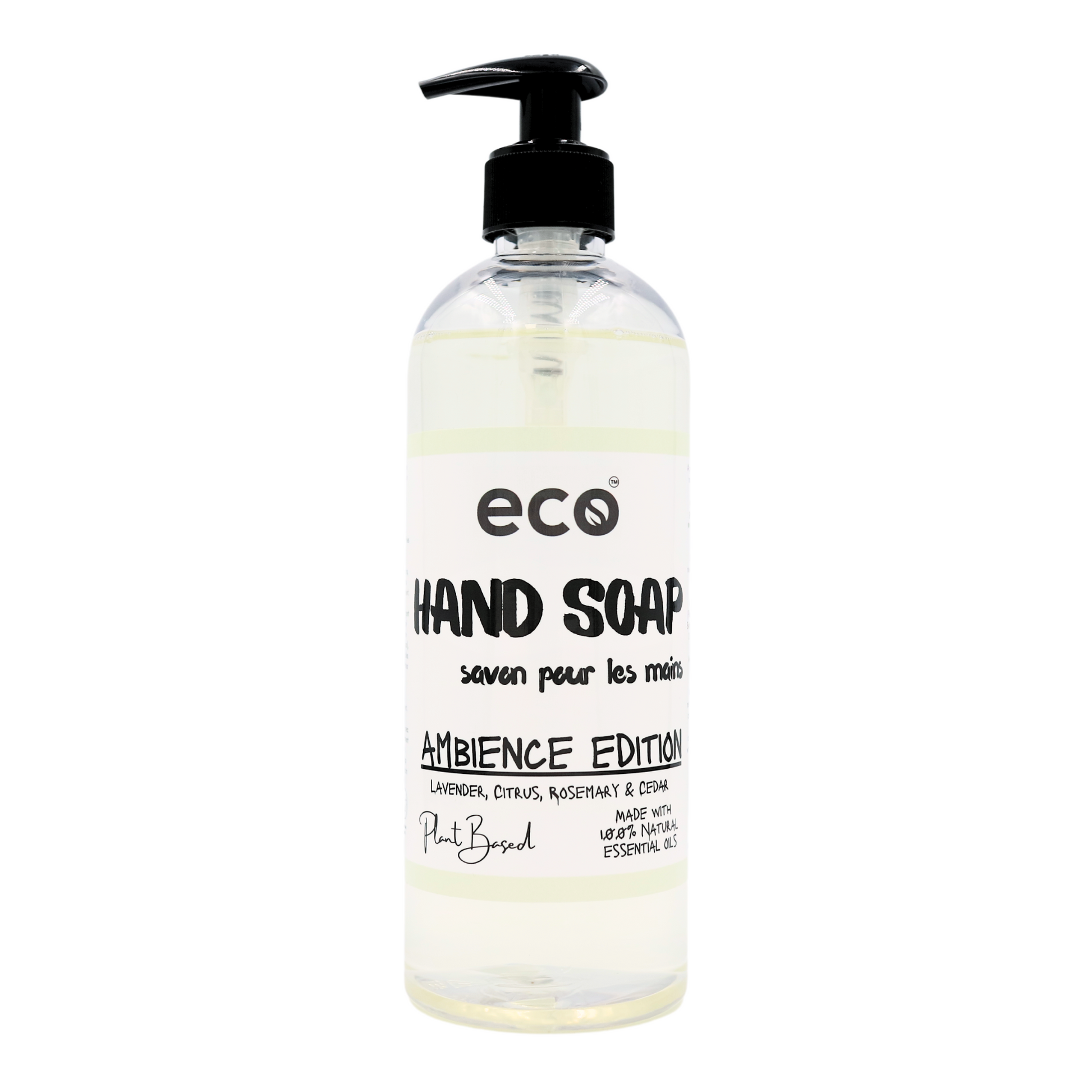 Eco hand soap in a 500ml ready-to-use bottle for wholesale, ideal for eco-friendly retailers. This ambience edition is a blend of lavender, citrus, rosemary mint and cedar natural essential oils.