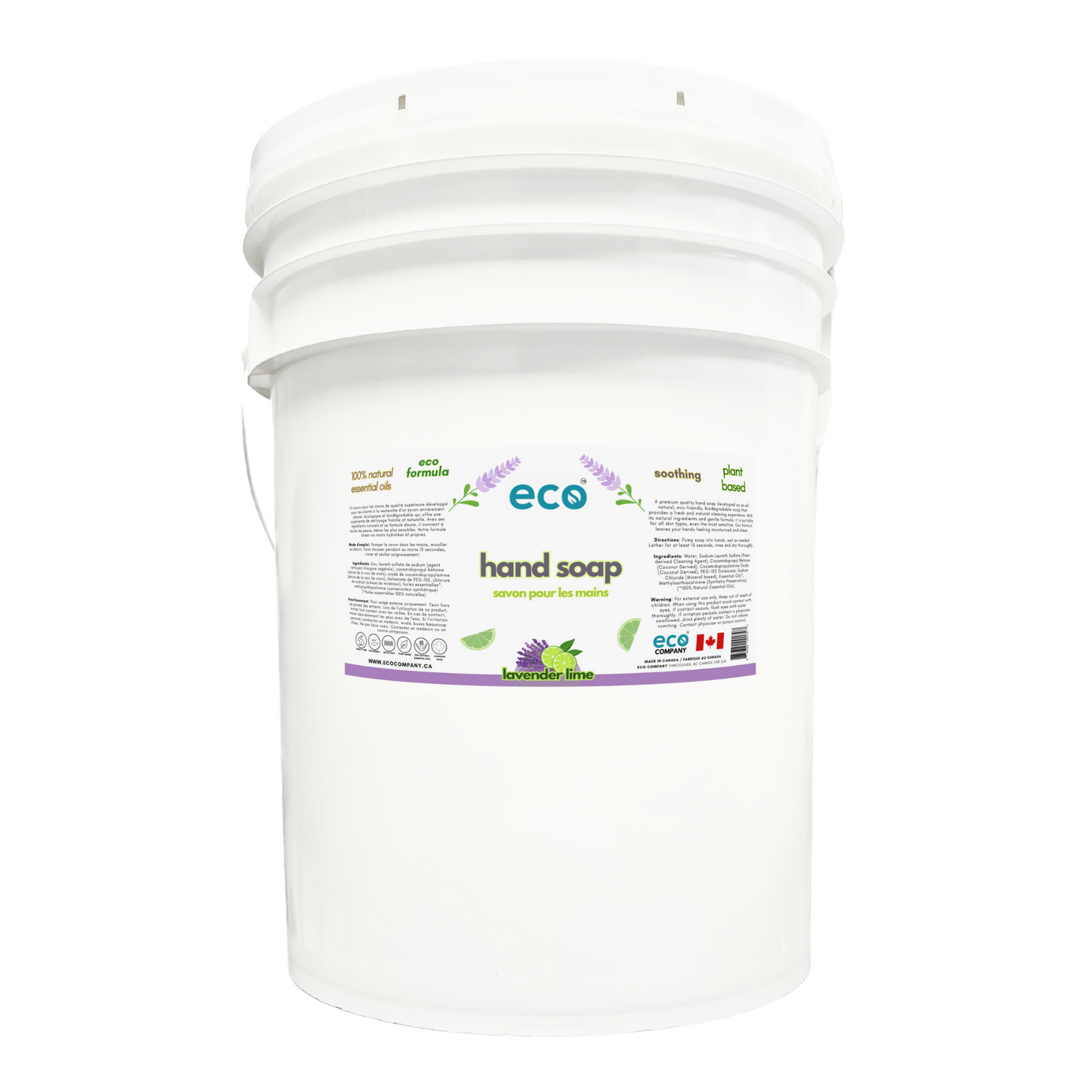 Eco hand soap lavender lime in a 20 liter pail for wholesale, ideal for soap refilleries, zero waste stores, and stores that offer bulk soaps. 