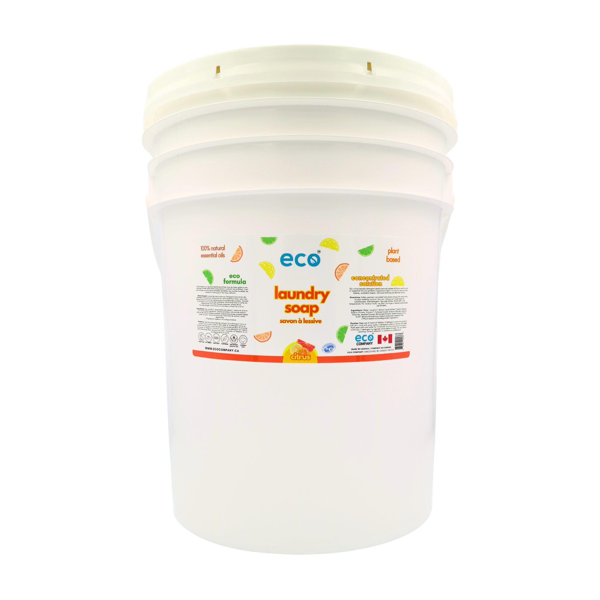 Eco laundry detergent citrus in a 20 liter pail for wholesale, ideal for soap refilleries, zero waste stores, and refill stores.