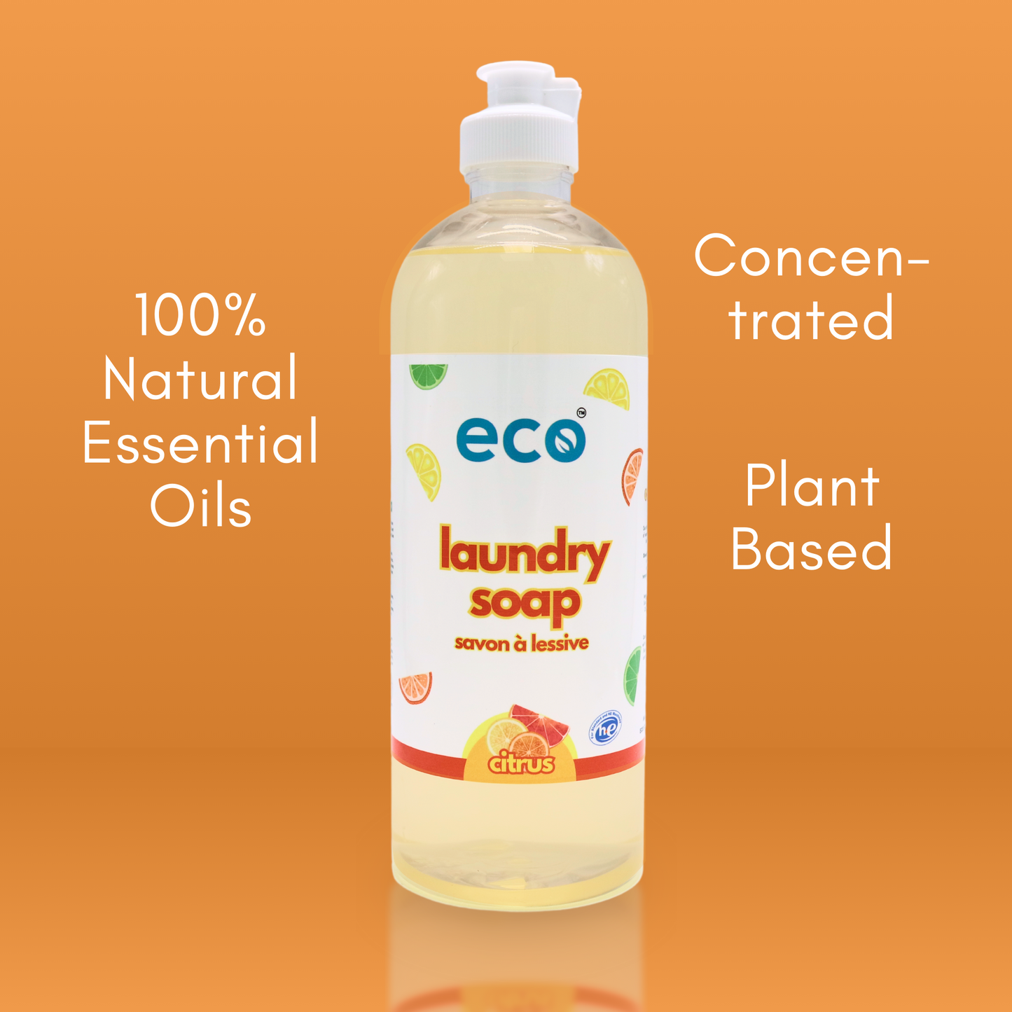 This eco friendly laundry soap in citrus is scented with 100% natural essential oils, is concentrated, and has plant-based ingredients.