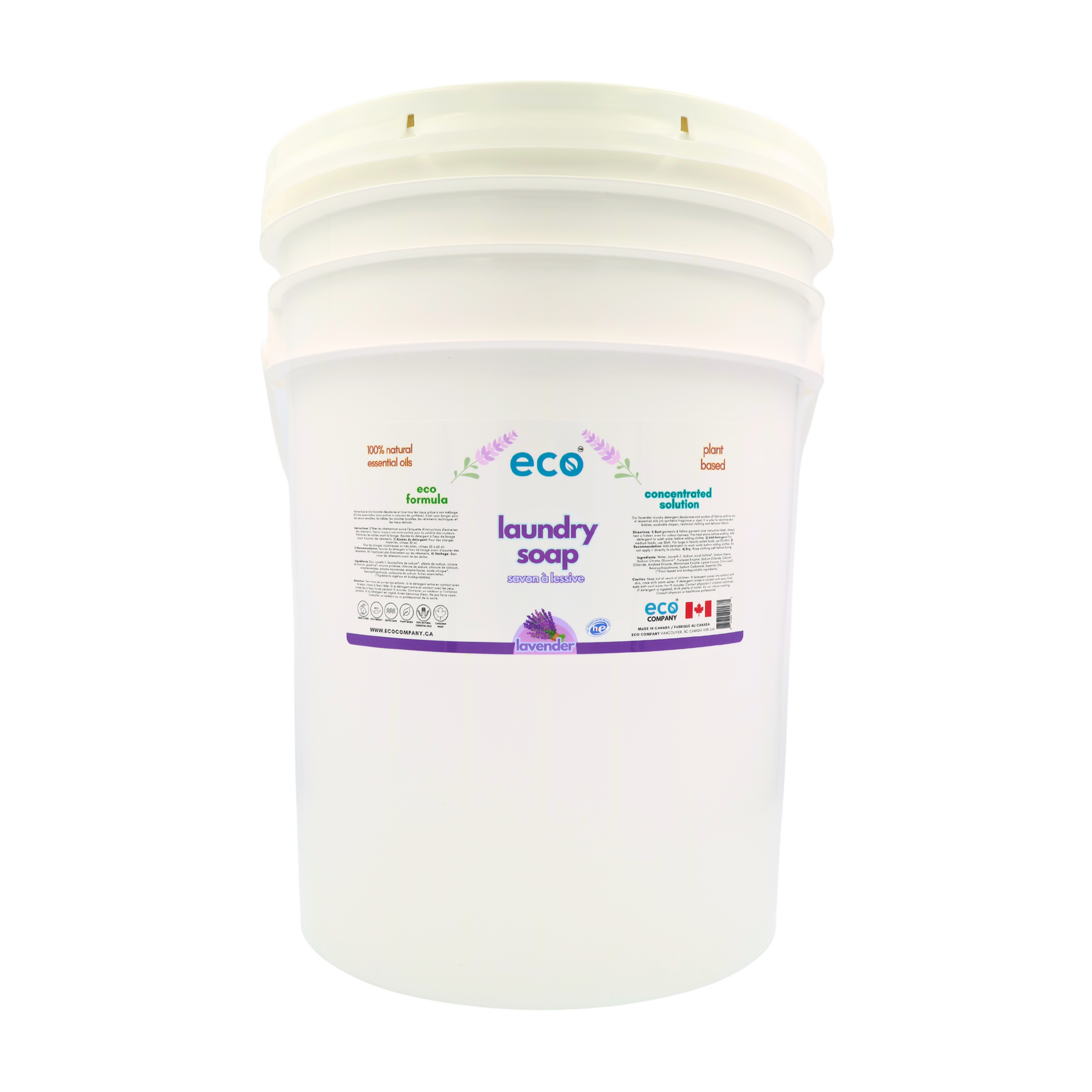 Eco laundry detergent lavender in a 20 liter pail for wholesale, ideal for soap refilleries, zero waste stores, and refill stores.