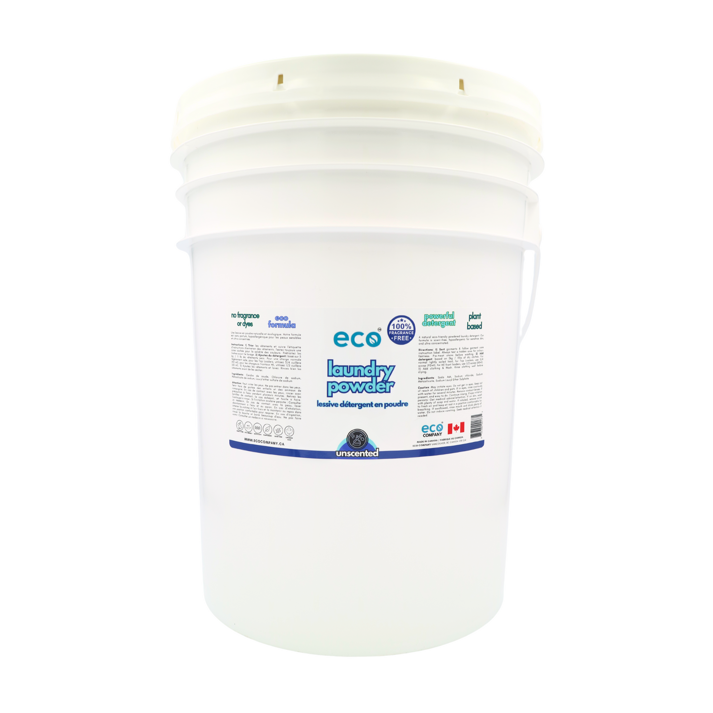 Eco laundry detergent powder unscented in a 20 liter pail for wholesale, ideal for soap refilleries, zero waste stores, and refill stores.