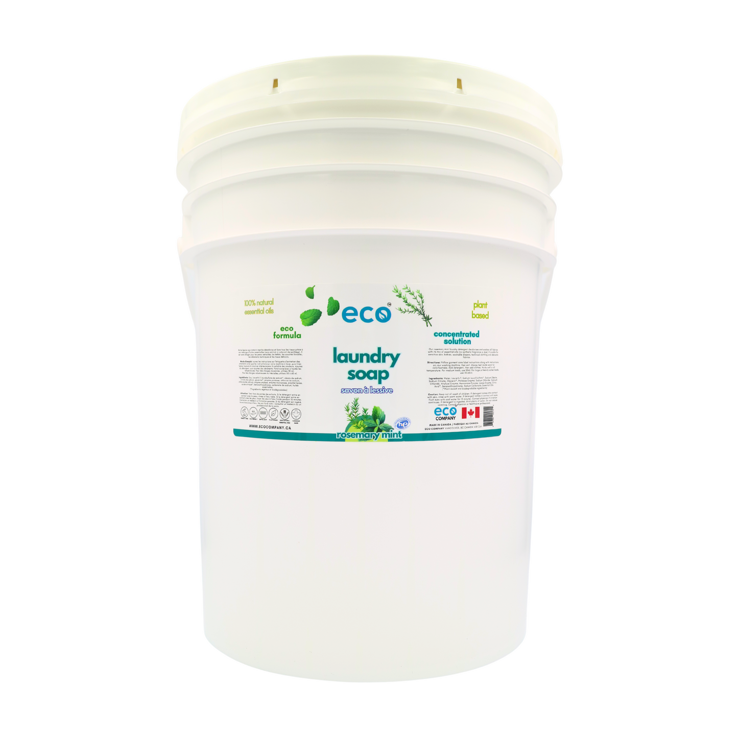 Eco laundry detergent rosemary mint in a 20 liter pail for wholesale, ideal for soap refilleries, zero waste stores, and refill stores.