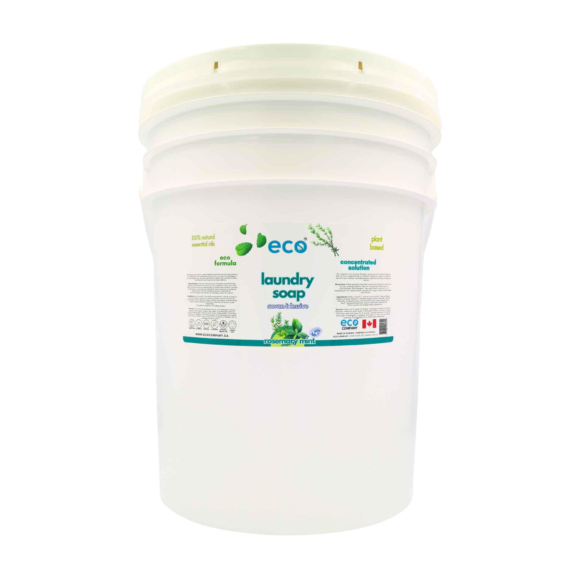 Eco laundry detergent rosemary mint in a 20 liter pail for wholesale, ideal for soap refilleries, zero waste stores, and refill stores.