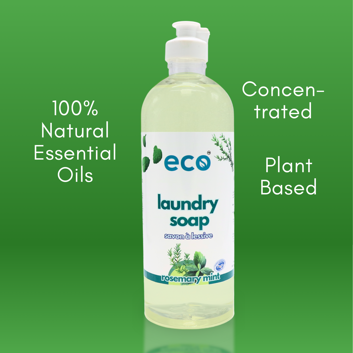 This eco friendly laundry soap in rosemary mint is scented with 100% natural essential oils, is concentrated, and has plant-based ingredients.