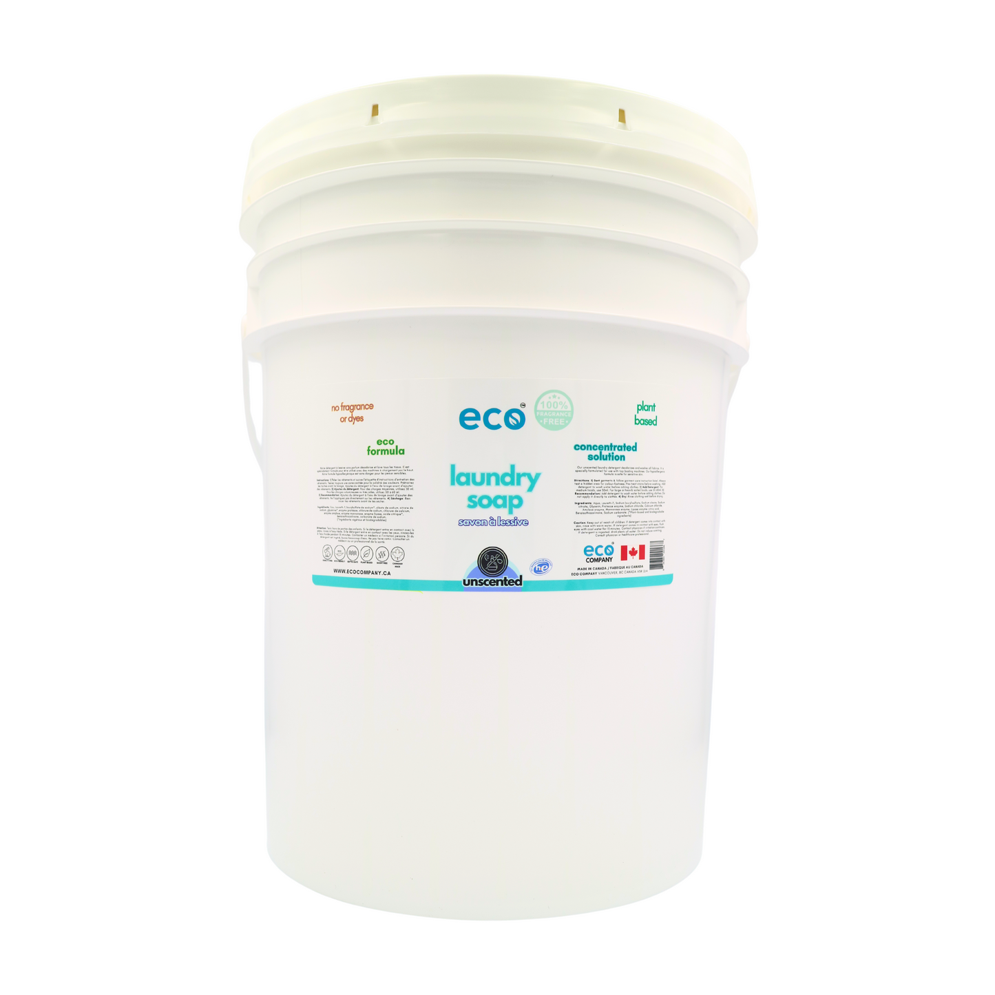 Eco laundry detergent unscented in a 20 liter pail for wholesale, ideal for soap refilleries, zero waste stores, and refill stores.