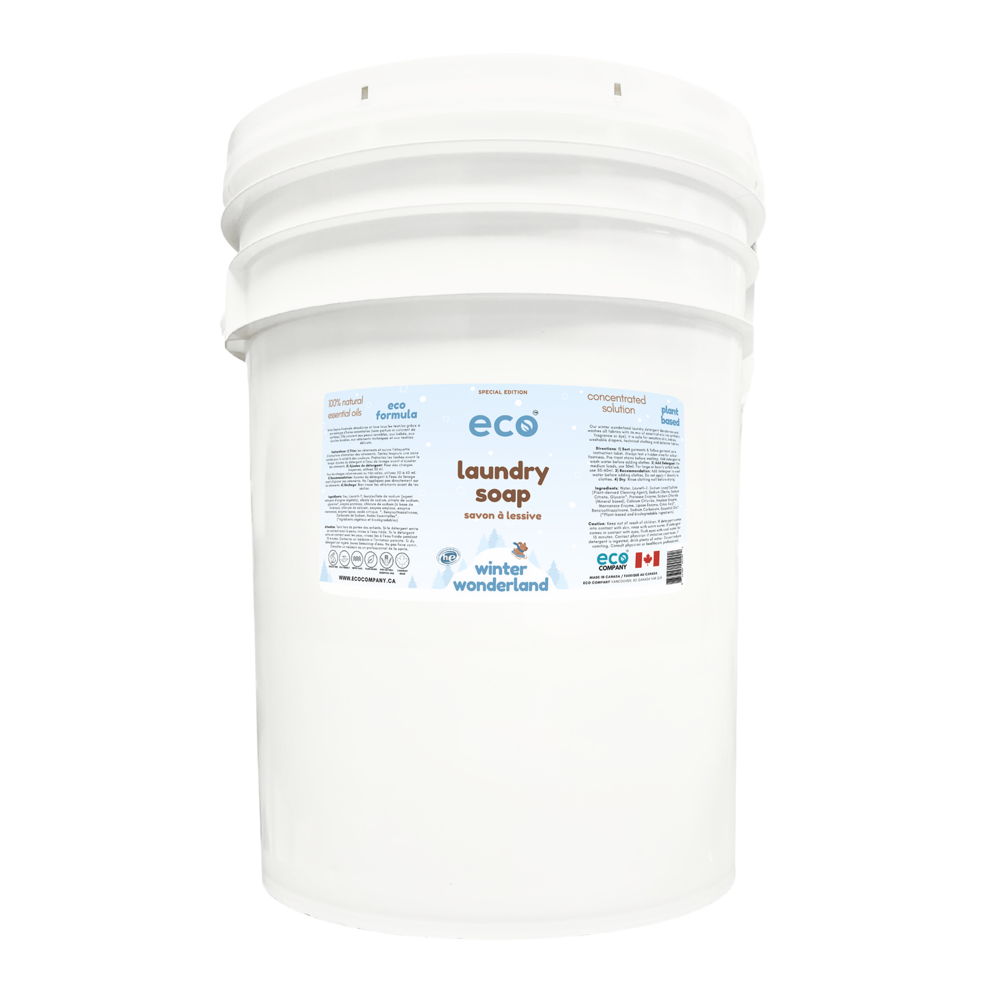 Eco laundry soap in a 20 liter pail for wholesale, ideal for soap refilleries, zero waste stores, and refill stores. This is our winter wonderland edition scent.
