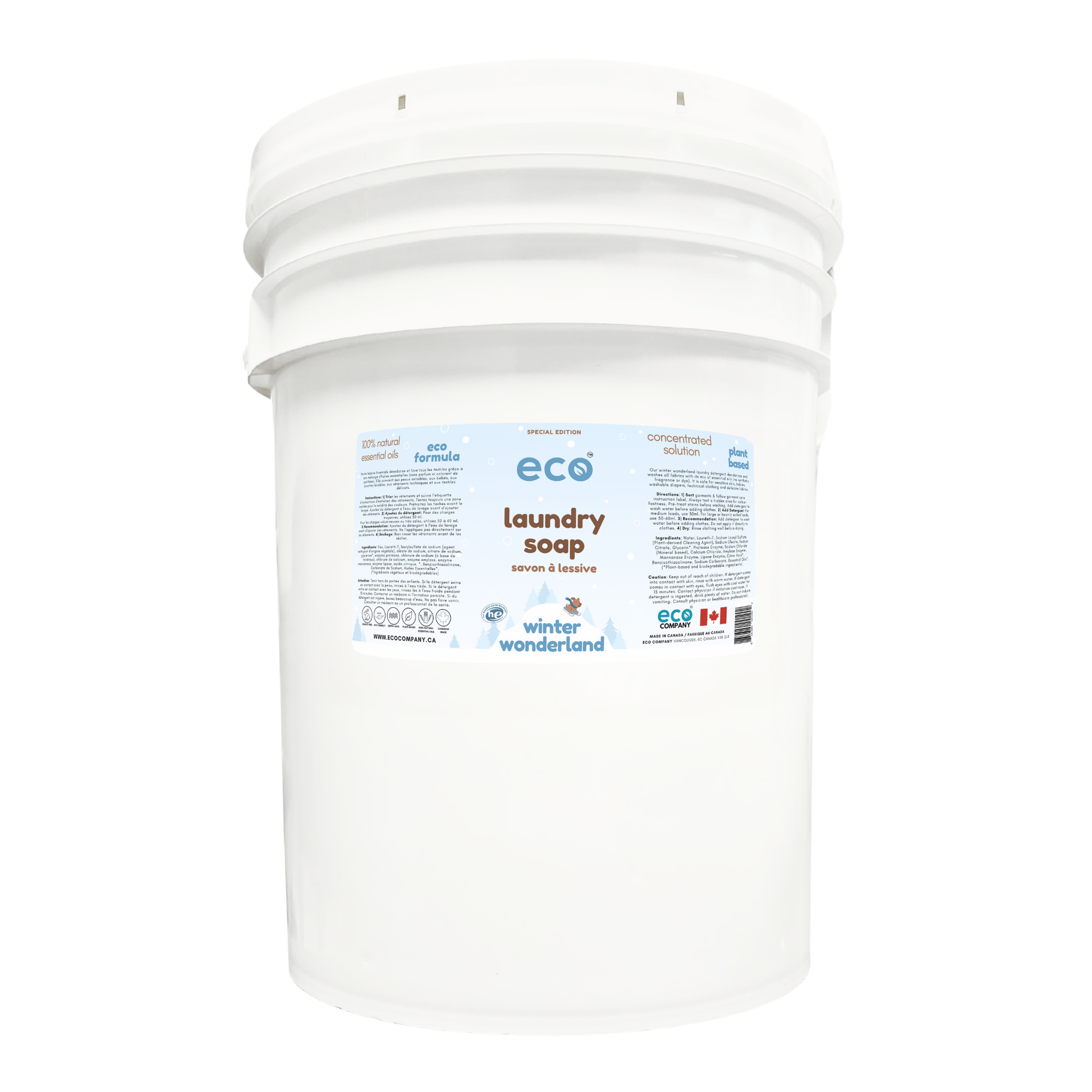 Eco laundry soap in a 20 liter pail for wholesale, ideal for soap refilleries, zero waste stores, and refill stores. This is our winter wonderland edition scent.