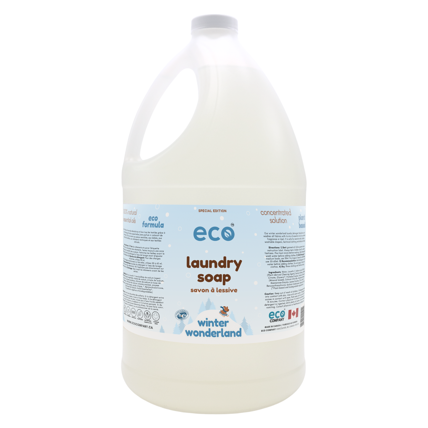 Eco-friendly laundry soap in a 4 liter jug for wholesale, perfect for customers to bulk up on hand soap and refill their own bottles. This is our winter wonderland edition scent.