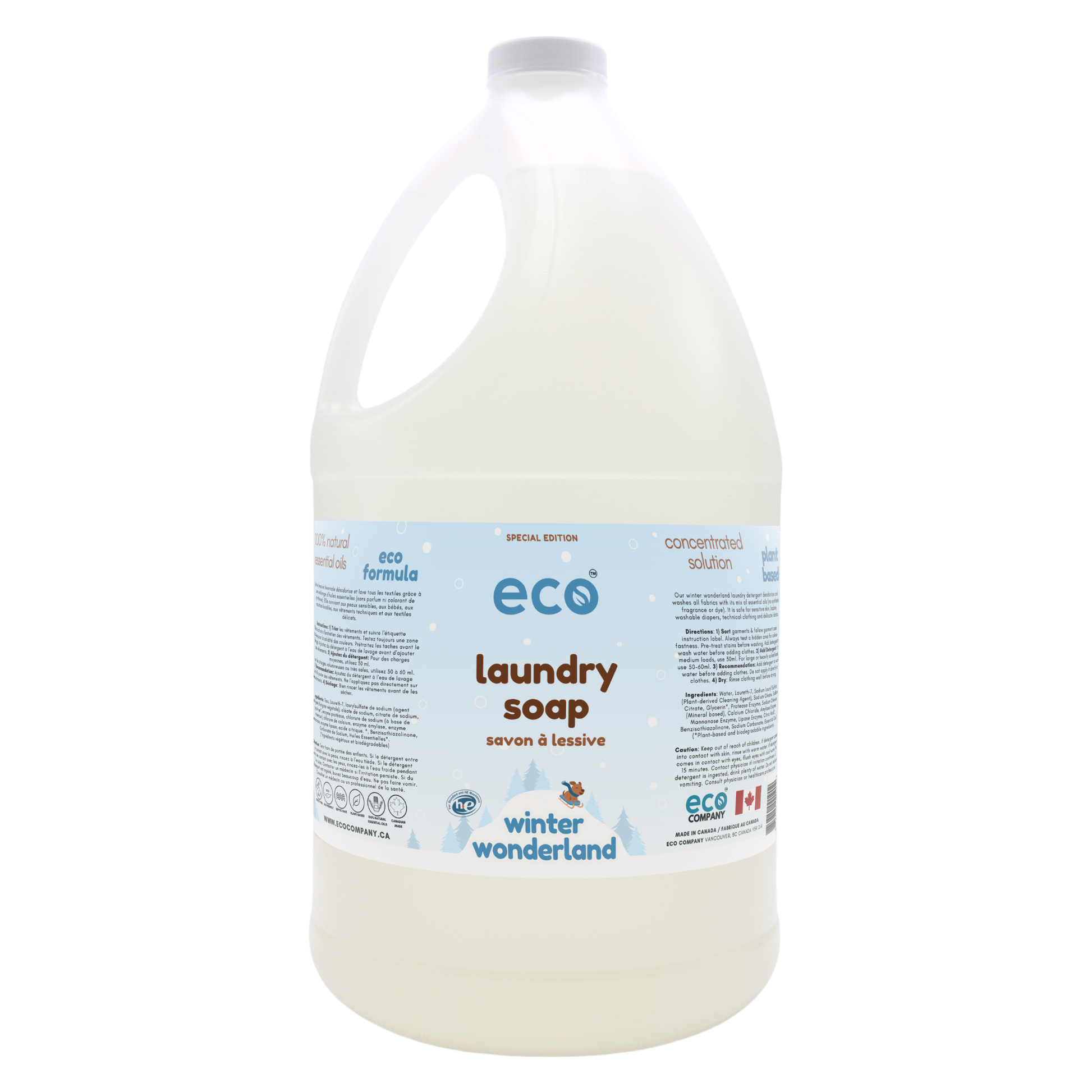 Eco-friendly laundry soap in a 4 liter jug for wholesale, perfect for customers to bulk up on hand soap and refill their own bottles. This is our winter wonderland edition scent.