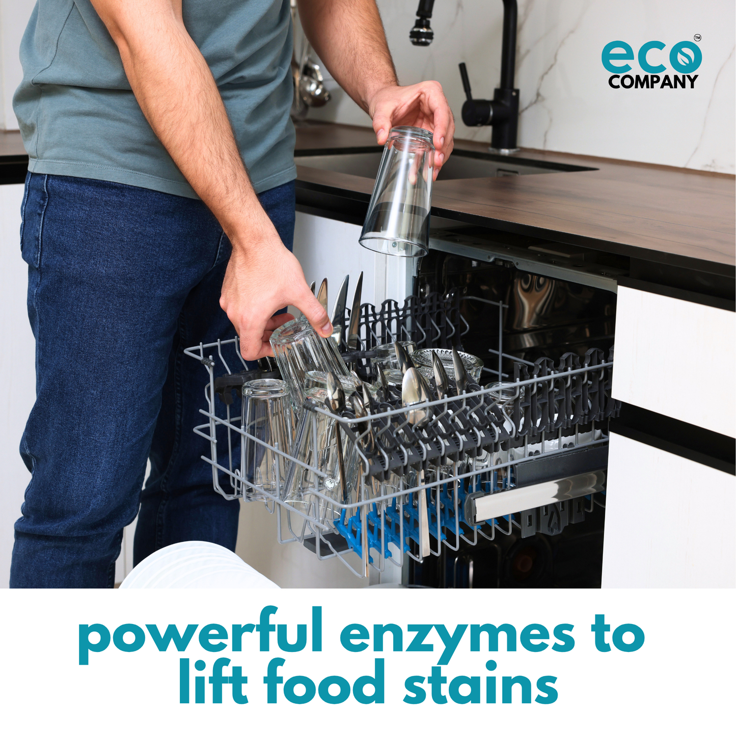 Eco Company's dishwasher gel uses powerful enzymes to lift food stains.