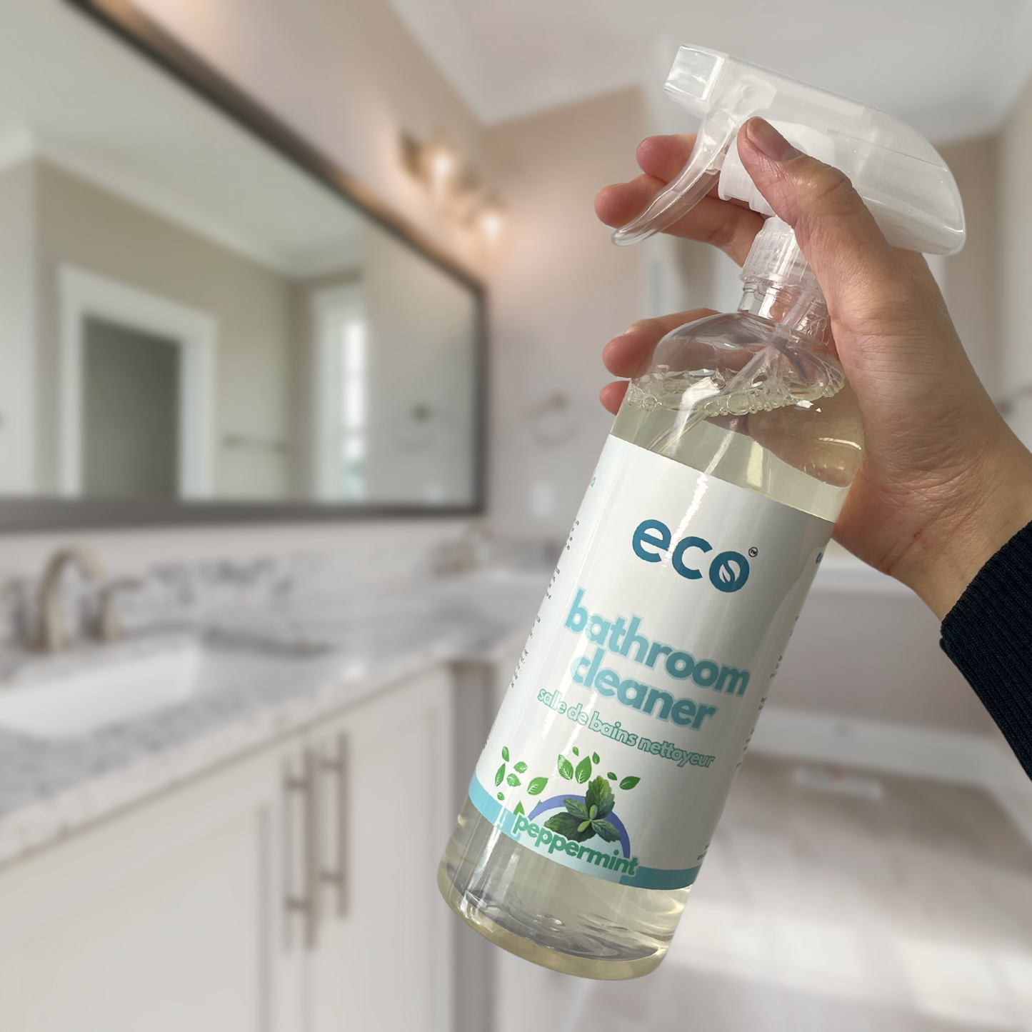 A person spraying bathroom cleaner in their washroom, for a clean and eco-friendly home.