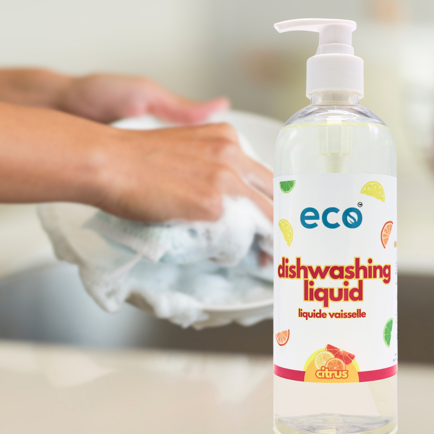 A bottle of eco dish soap citrus by the kitchen sink, for a sustainable and eco-friendly home.