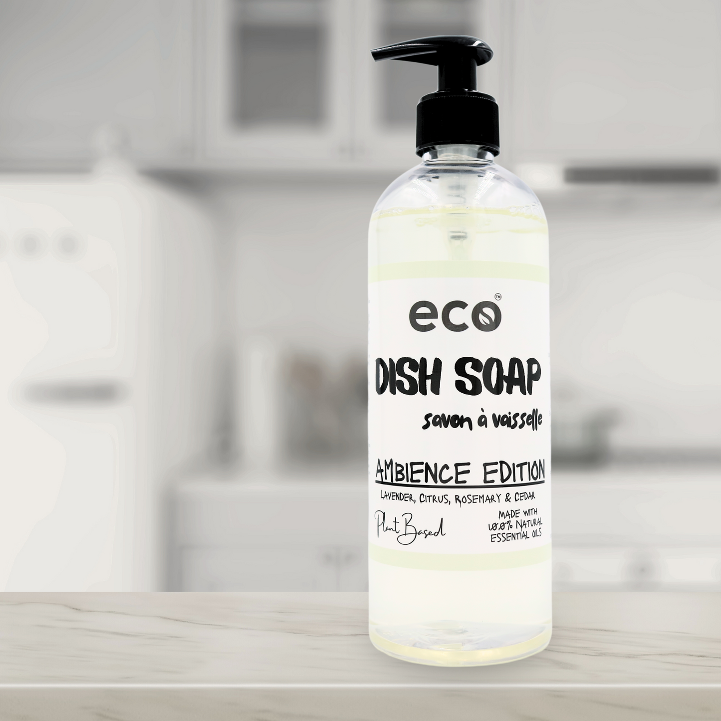 A bottle of ambience edition eco dish soap on a counter, for a sustainable and eco-friendly home.