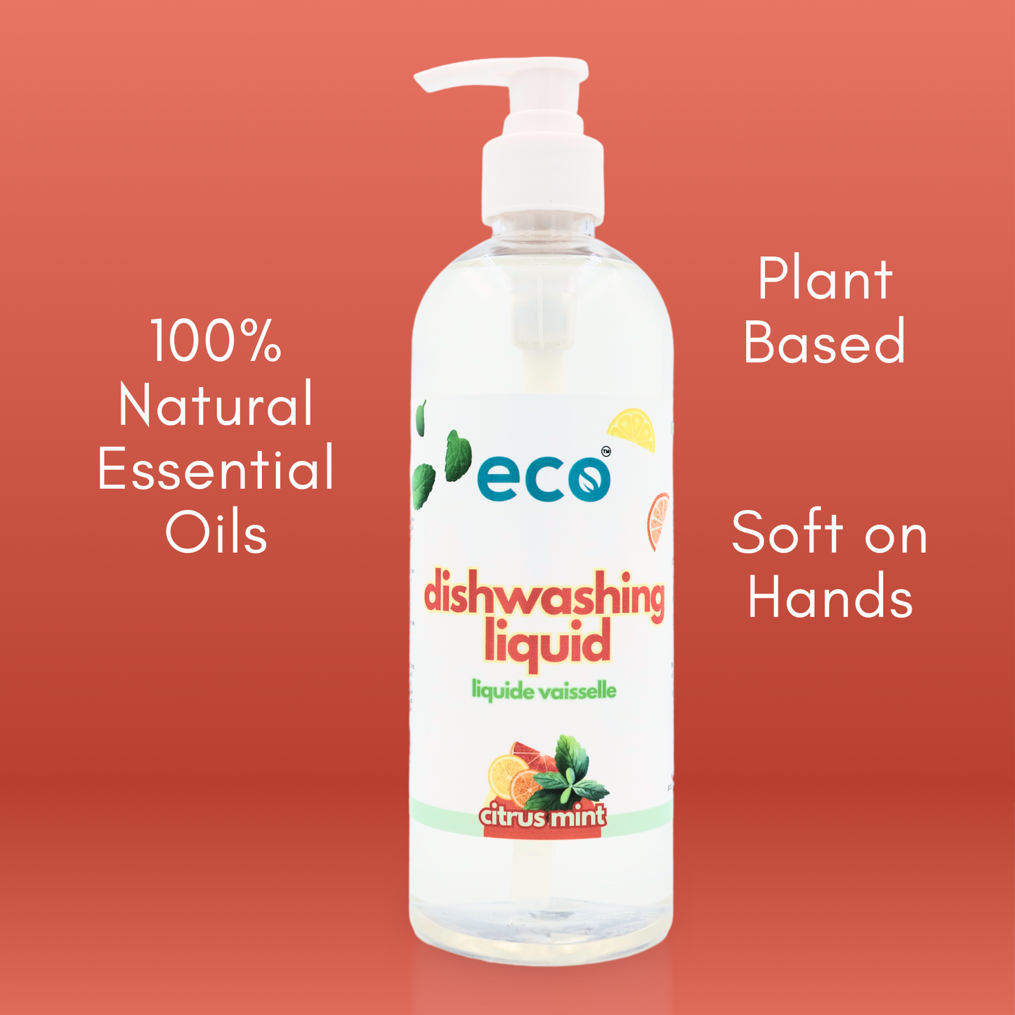 Eco Company's dish soap is scented with 100% natural essential oils, is plant-based, and is soft on the hands.