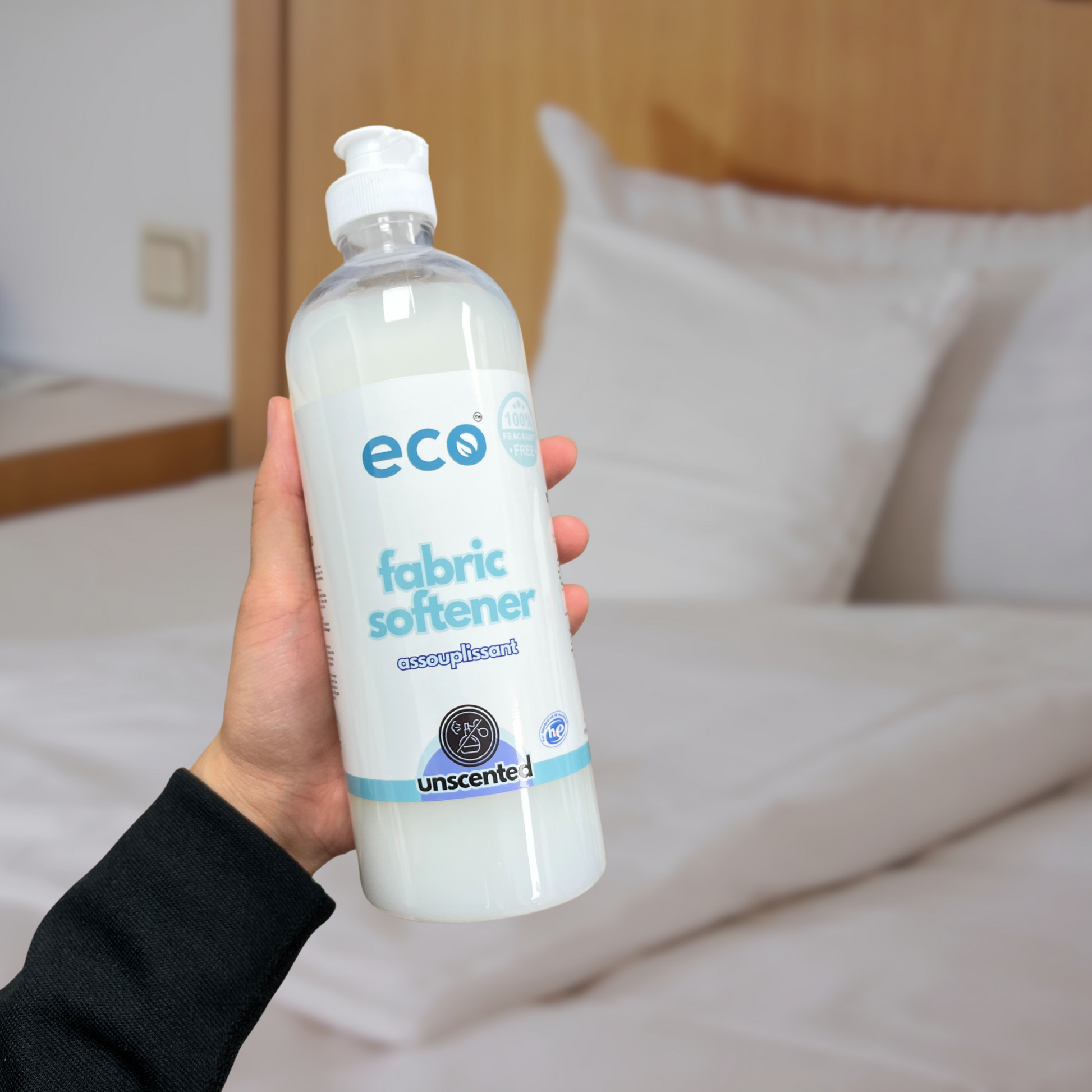 Eco-friendly fabric softener in unscented, for sustainable laundry and green living.