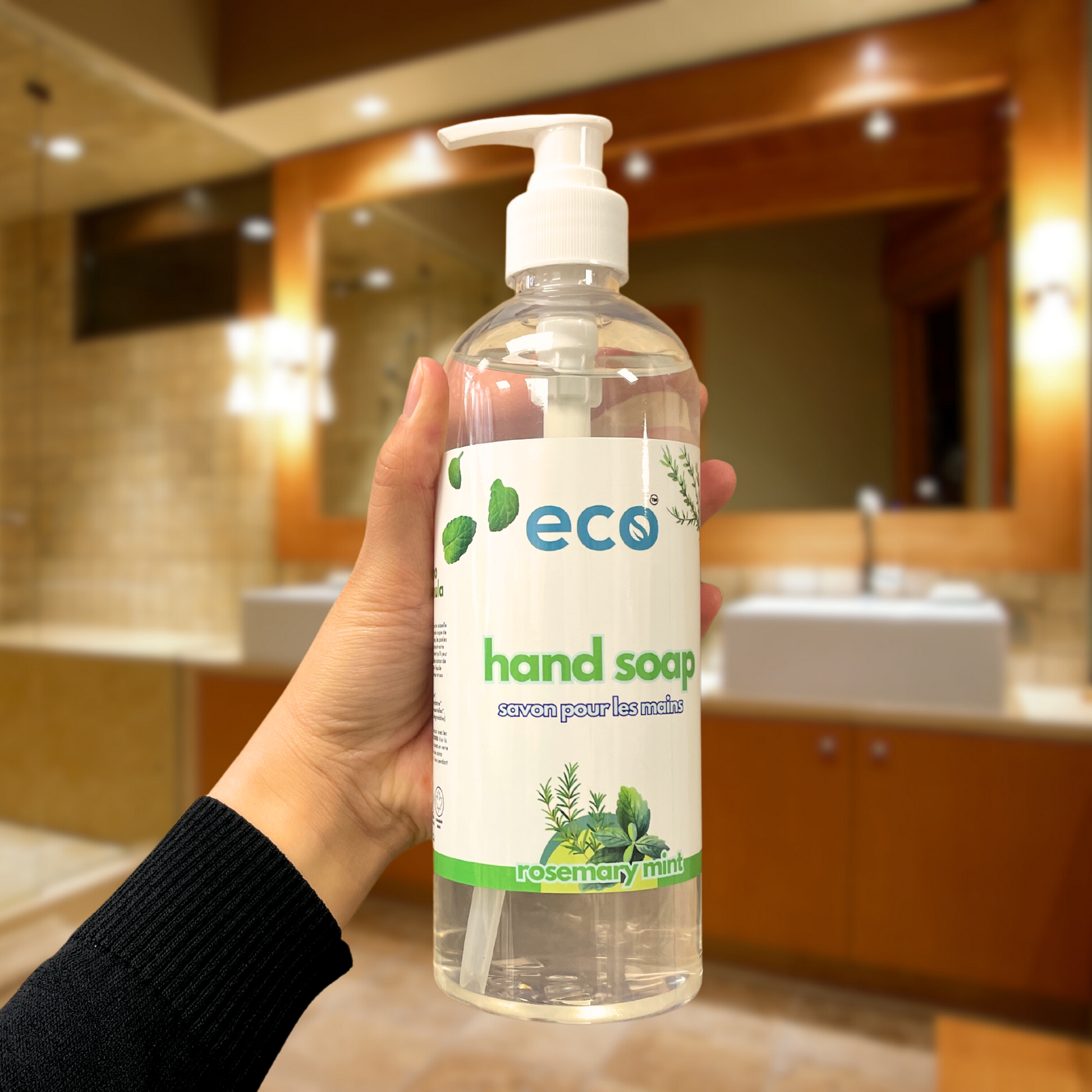 Eco-friendly rosemary mint hand soap in a washroom, promoting a plant-based and sustainable home.