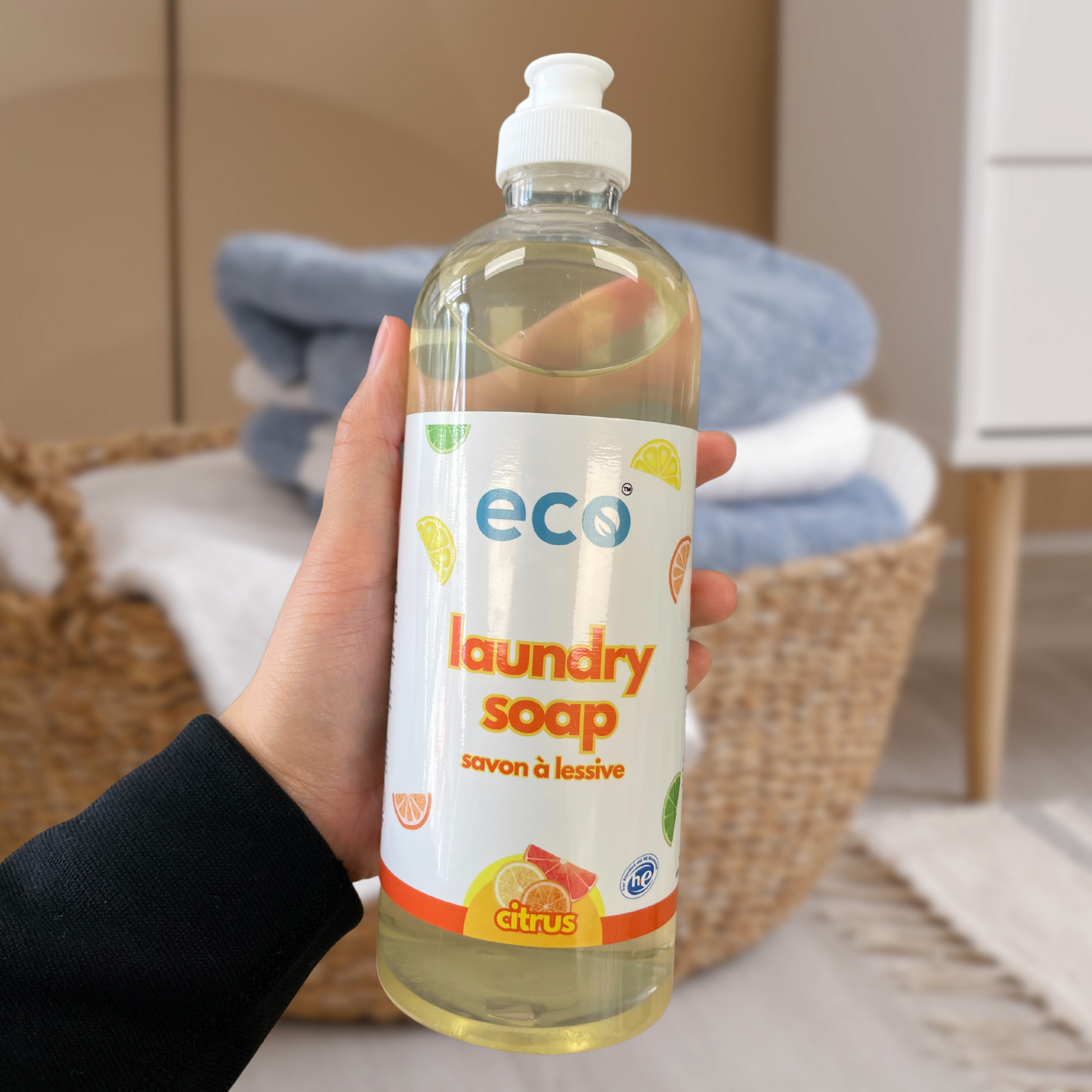 Eco-friendly laundry soap in citrus, for sustainable home cleaning and green living.