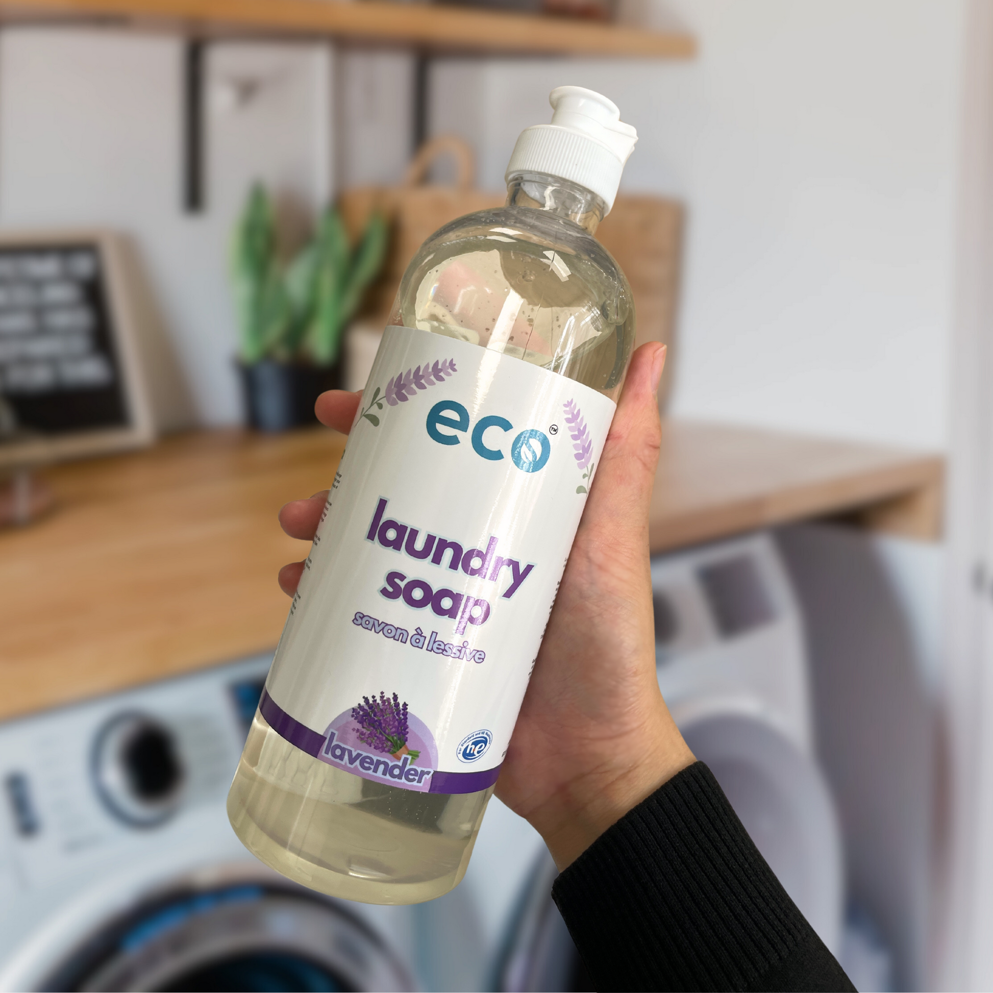 Eco-friendly laundry soap in lavender, for sustainable home cleaning and green living.