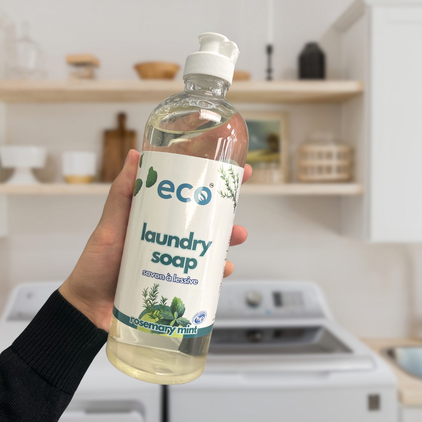 Eco-friendly laundry soap in rosemary mint, for sustainable home cleaning and green living.