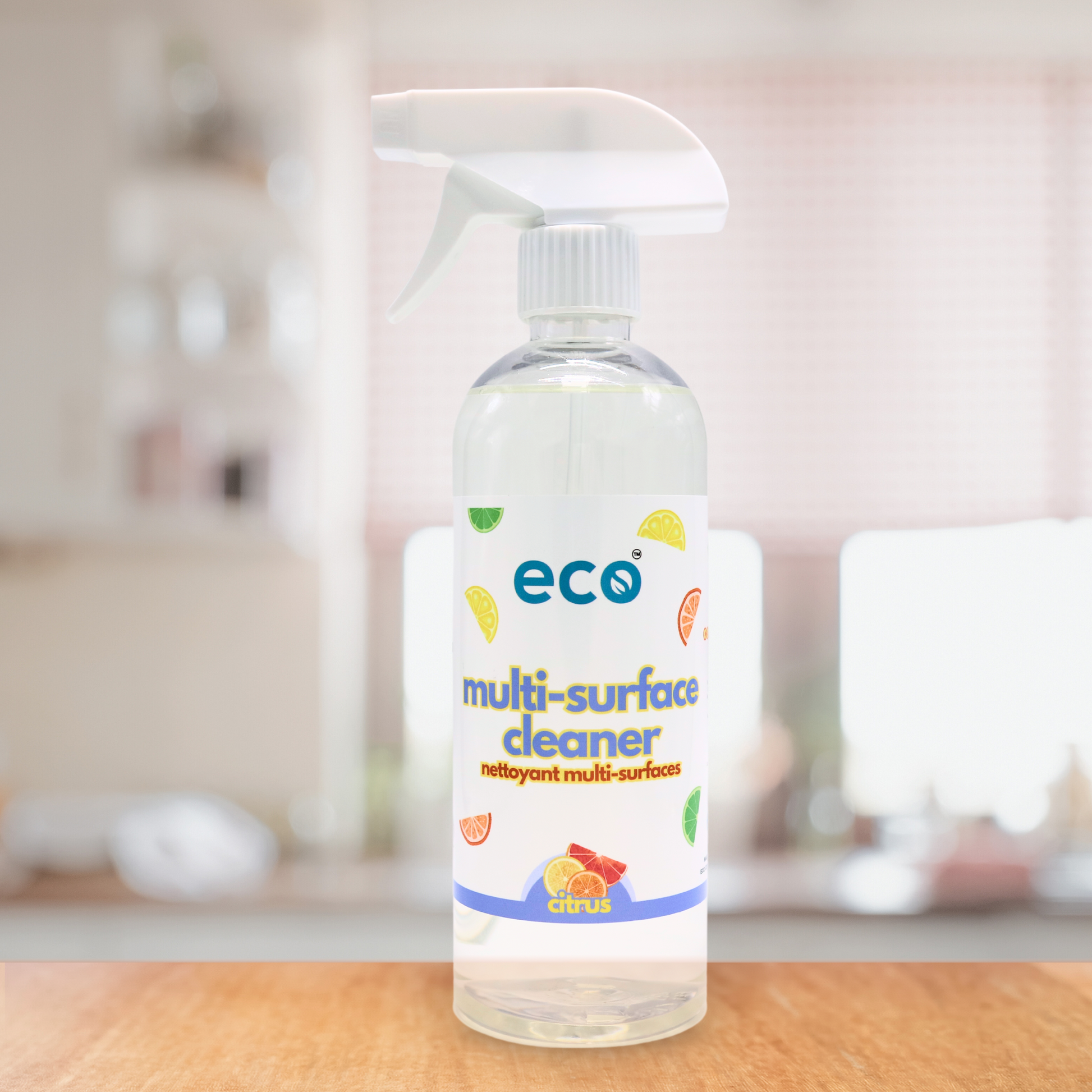 Eco-friendly multi-surface cleaner in citrus, for sustainable home cleaning and green living.