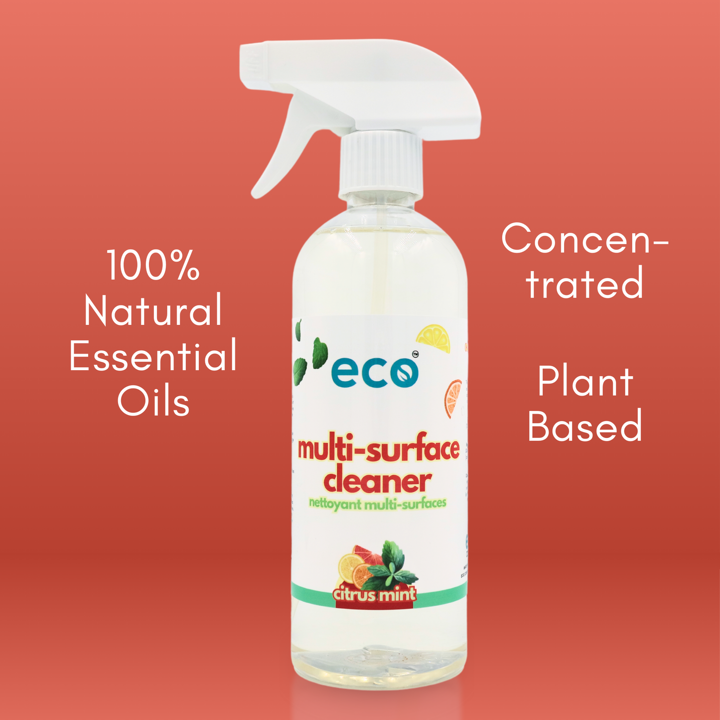 Eco Company's multi-surface cleaner is scented with 100% natural essential oils, has a concentrated formula, and has plant-based ingredients.